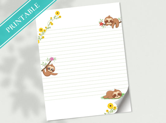 Funny Sloth Letter Writing Paper - Printable Stationery - Love Letter, Journal Paper, Note, Lined Paper, Goodnotes, Thank You | Cute Animals