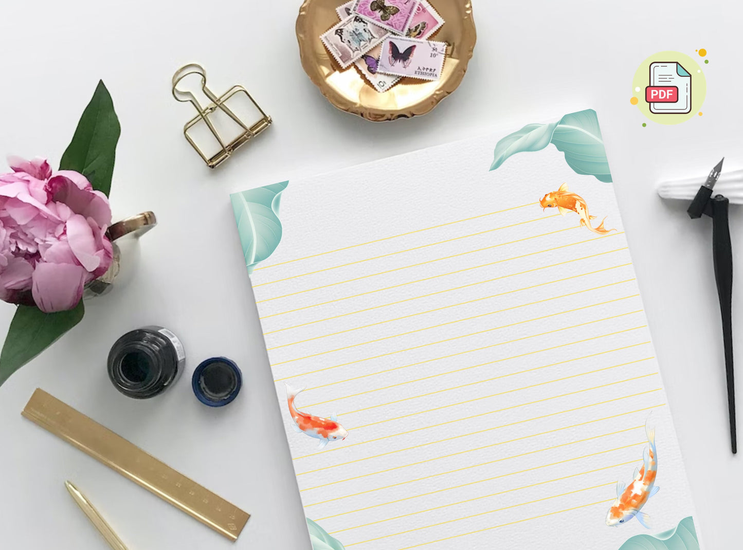 Koi Fish Letter Writing Paper - Printable Stationery - Love Letter, Journal Paper, Note, Lined, Goodnotes, Thank You Note | Nature