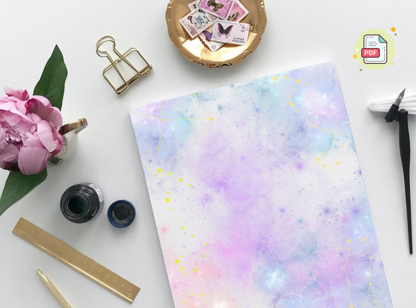Purple Sky Letter Writing Paper - Printable Stationery - Love Letter, Journal Paper, Note, Lined Paper, Goodnotes, Thank You | Tie Die