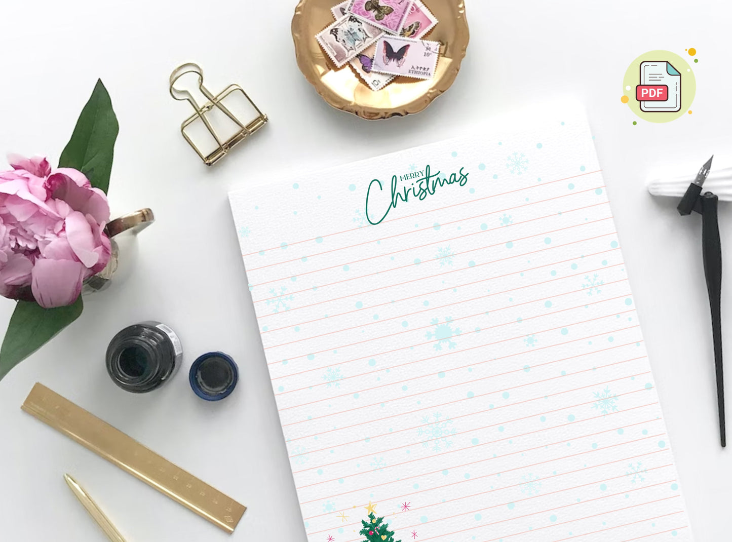 Merry Christmas Tree Reindeer Stationery Letter Writing Paper - Printable letter, Love Letter, Journal Paper, Lined, Goodnotes | Holidays