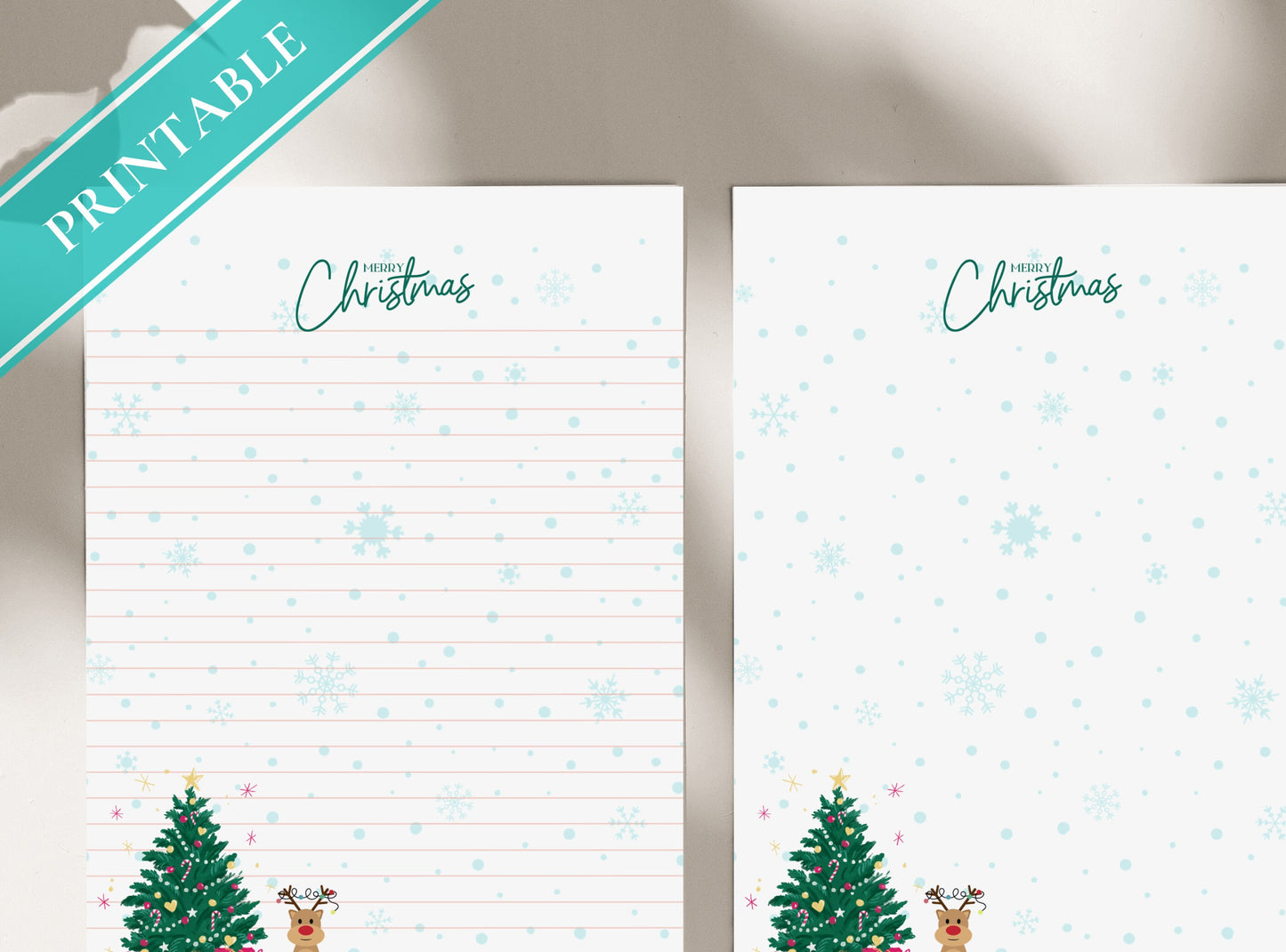 Merry Christmas Tree Reindeer Stationery Letter Writing Paper - Printable letter, Love Letter, Journal Paper, Lined, Goodnotes | Holidays