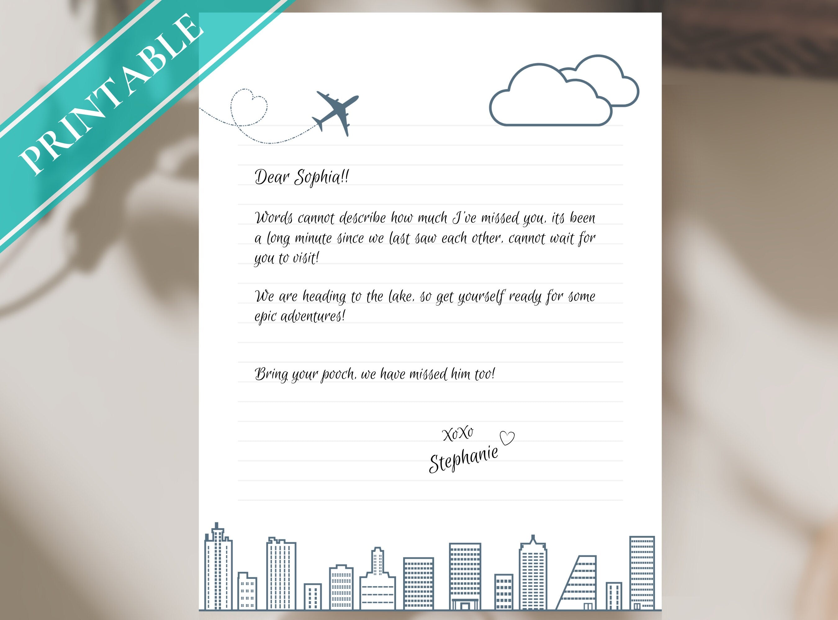 City Skyline Modern Letter Writing Paper - Printable Stationery Paper - Journal Paper, Letter, Note, Lined Paper | Cityscape