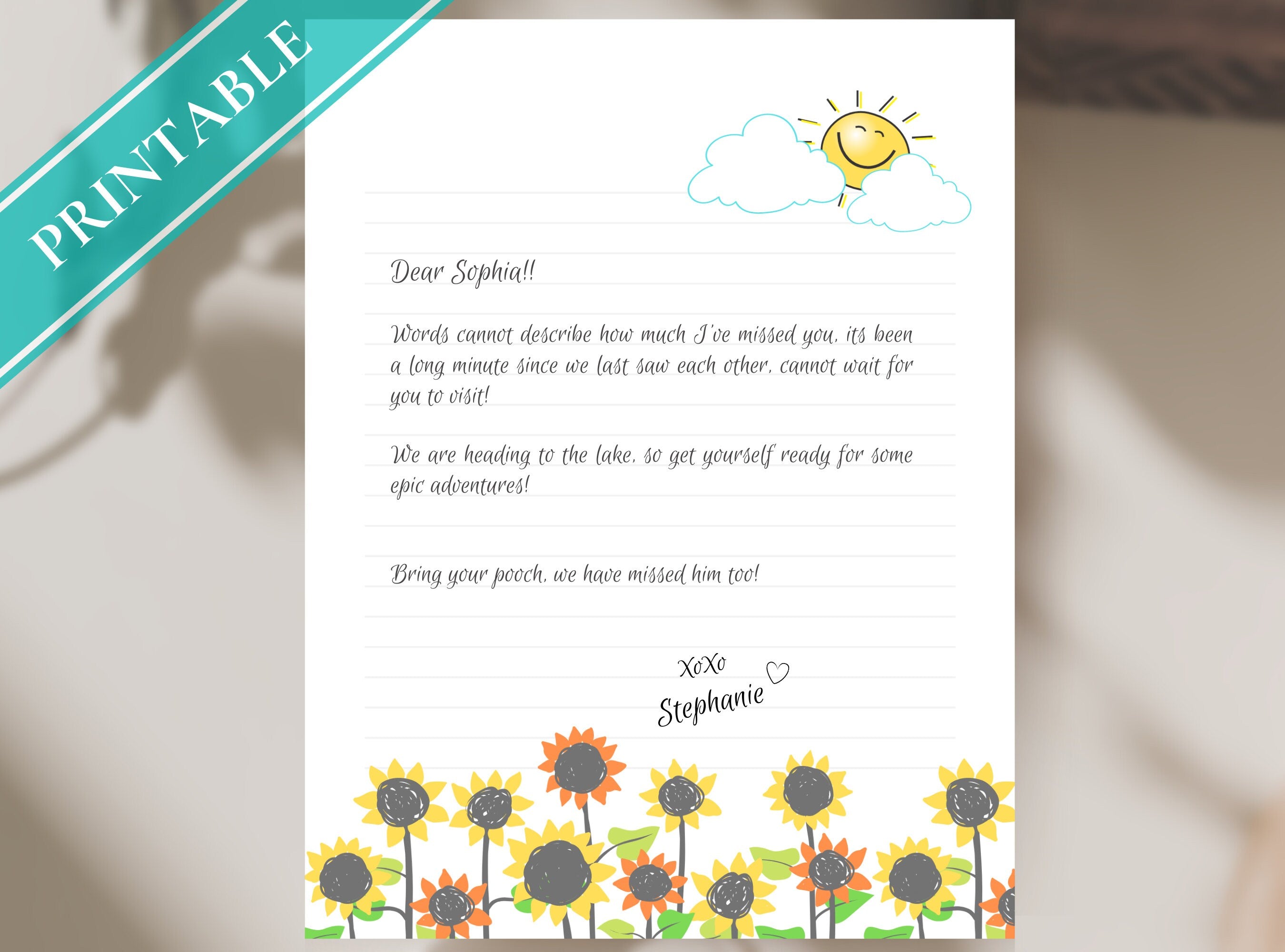 Happy Sunshine Sunflower Printable Stationery Paper - Journal Paper, Letter, Note, Lined Paper, Good Notes, Thank You | Happy