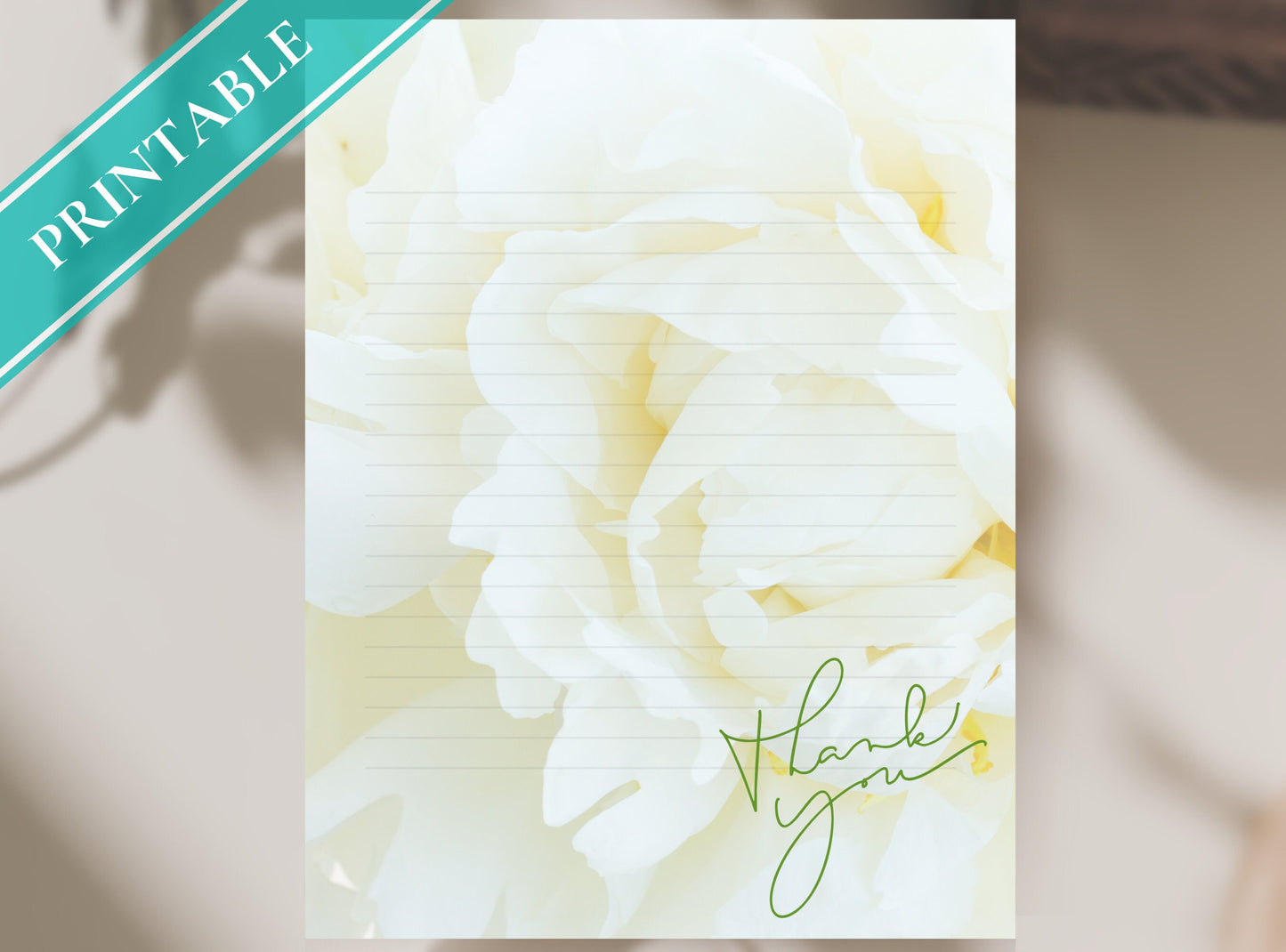 Yellow Peony Printable Stationery Paper - Journal Paper, Letter, Note, Lined Paper | Florals | Peony | Thank You