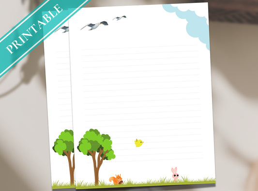 Cute Animals Friends Printable Stationery Paper - Journal Paper, Letter, Note, Lined Paper | Bunny Critters | Little Paradise