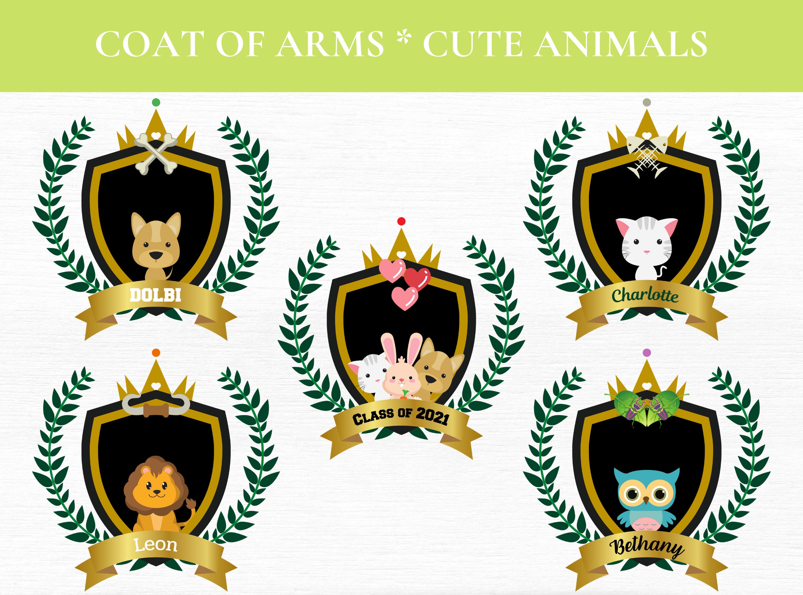 CUTE ANIMALS CLIPART Crest, Seal, Emblem, Logos, Labels, Stickers, Name Tags, PNGs | Cute Animals | Bunny | Elephant | Lion
