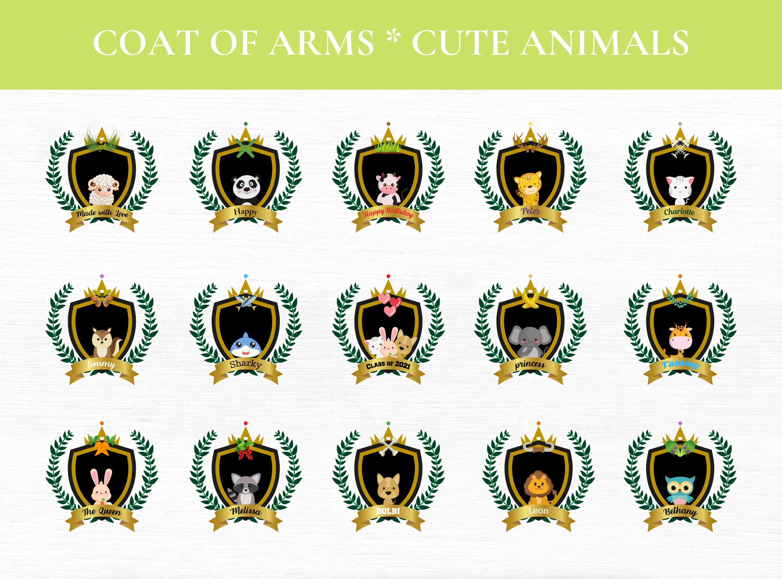 CUTE ANIMALS CLIPART Crest, Seal, Emblem, Logos, Labels, Stickers, Name Tags, PNGs | Cute Animals | Bunny | Elephant | Lion
