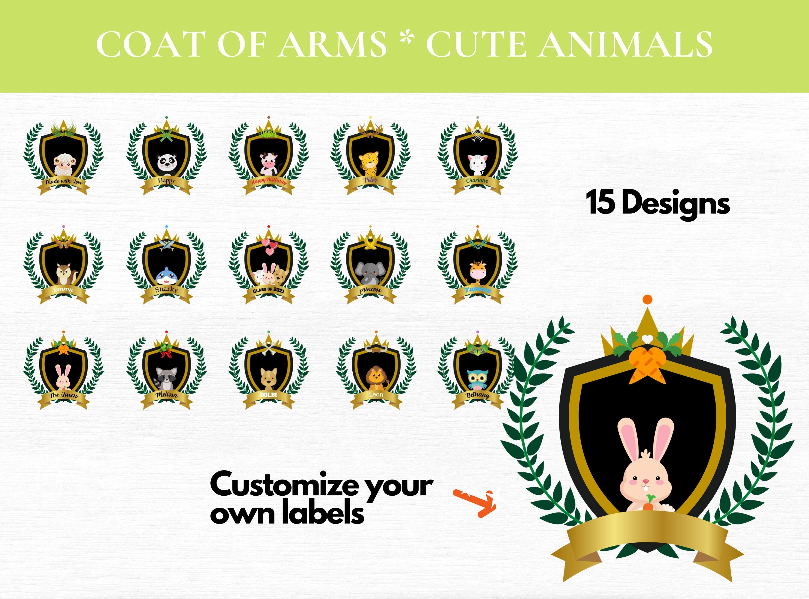 CUTE ANIMALS CLIPART Crest, Seal, Emblem, Logos, Labels, Stickers, Name Tags, PNGs | Cute Animals | Bunny | Elephant | Lion