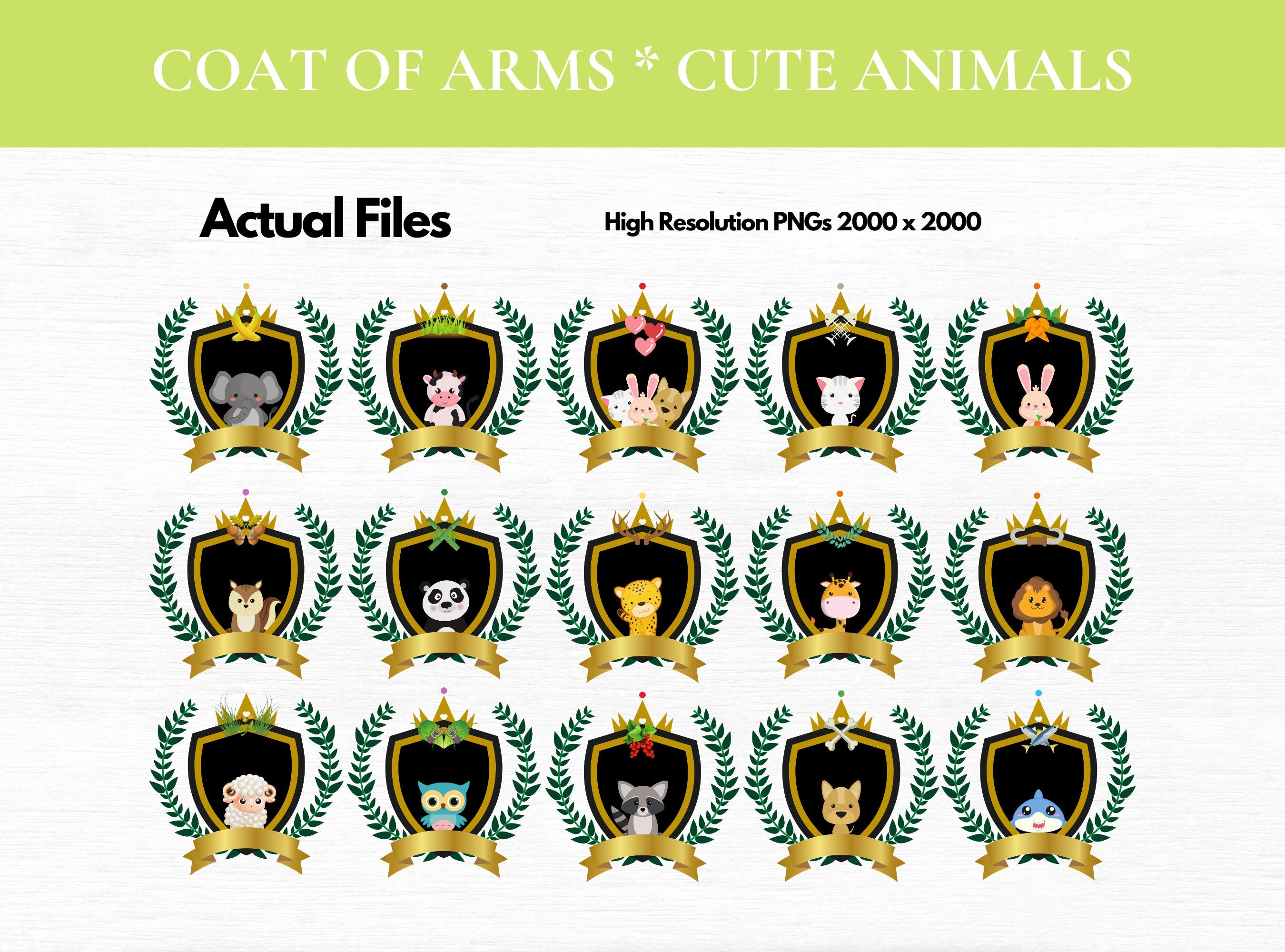 CUTE ANIMALS CLIPART Crest, Seal, Emblem, Logos, Labels, Stickers, Name Tags, PNGs | Cute Animals | Bunny | Elephant | Lion