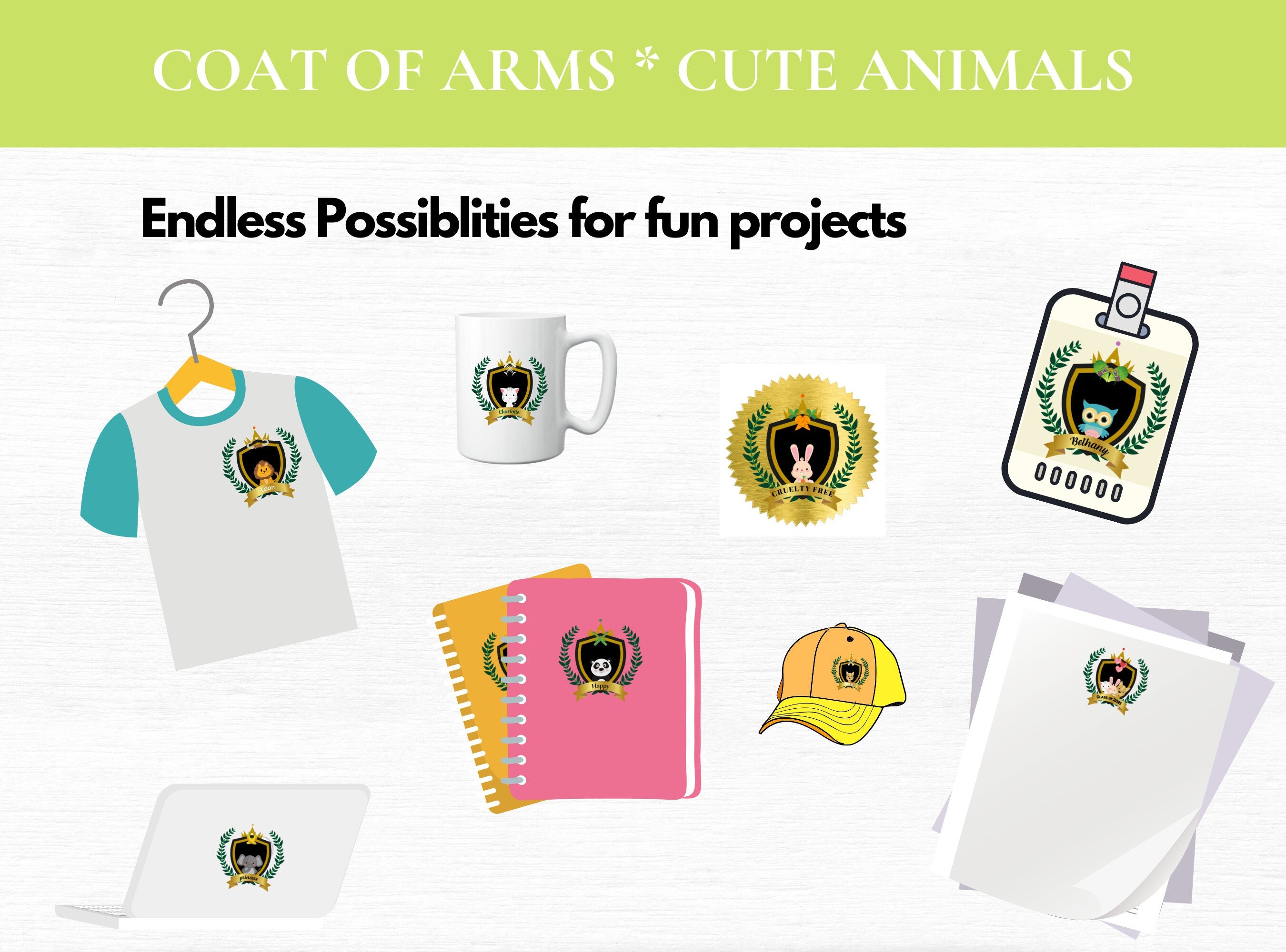 CUTE ANIMALS CLIPART Crest, Seal, Emblem, Logos, Labels, Stickers, Name Tags, PNGs | Cute Animals | Bunny | Elephant | Lion