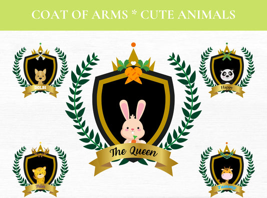 CUTE ANIMALS CLIPART Crest, Seal, Emblem, Logos, Labels, Stickers, Name Tags, PNGs | Cute Animals | Bunny | Elephant | Lion