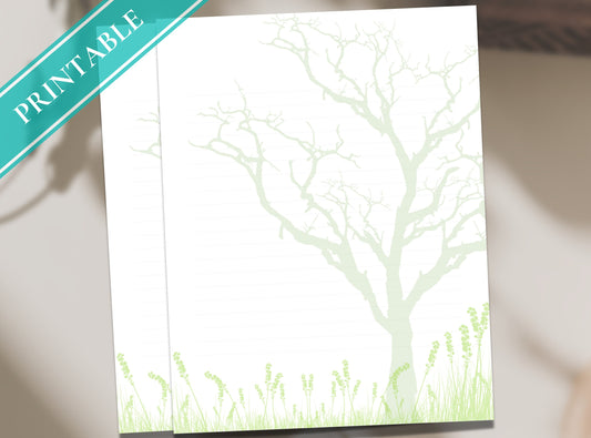 Nature Trees Printable Stationery Paper - Digital Green Journal Paper, Letter, Note, Thank you Note, Download | Nature