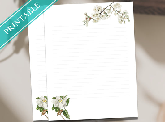 White Magnolia Flowers Letter Writing Paper - Elegant Printable Stationery Paper - Journal Paper, Digital Letter, Note, Thank You | Florals