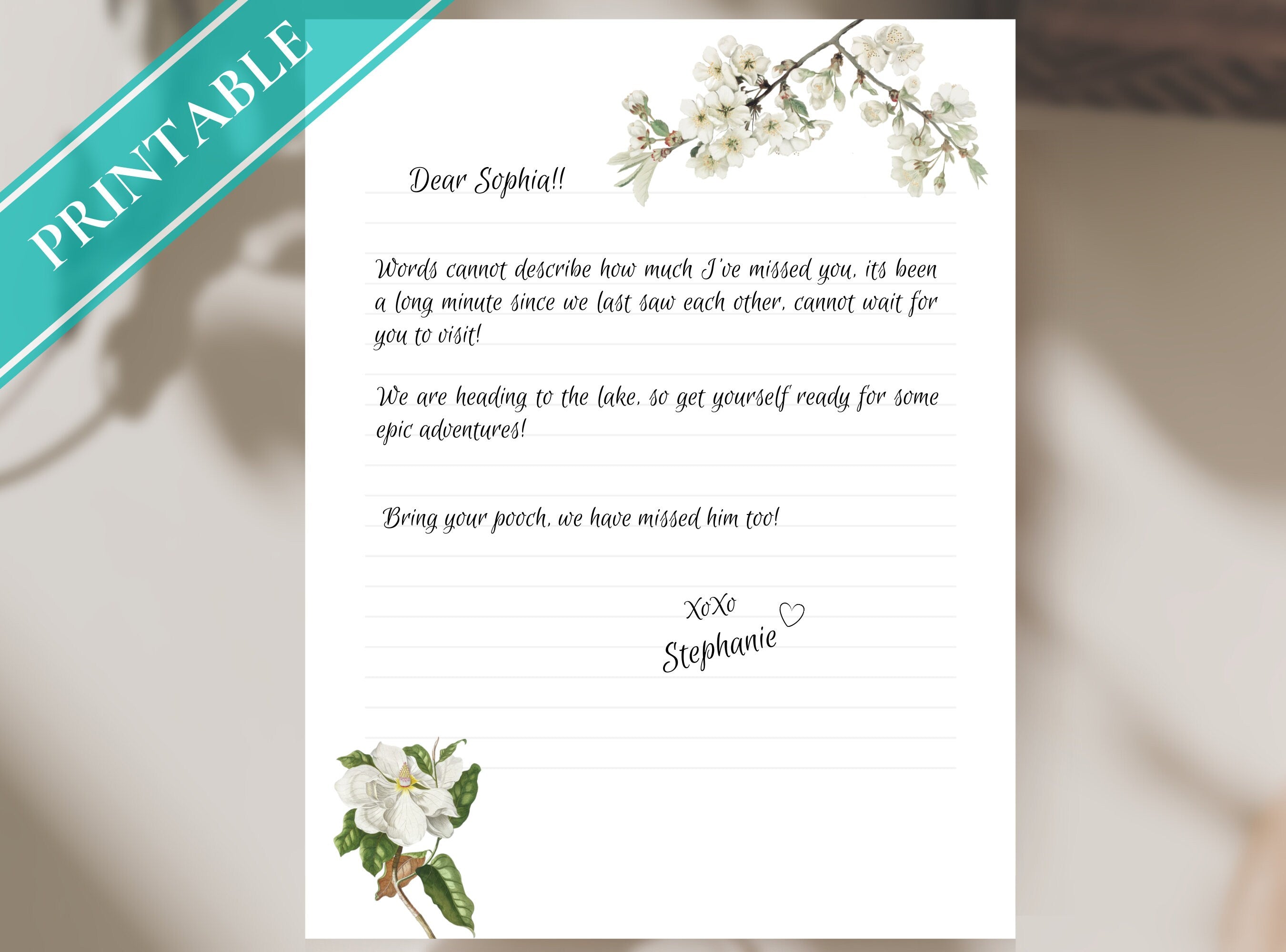 White Magnolia Flowers Letter Writing Paper - Elegant Printable Stationery Paper - Journal Paper, Digital Letter, Note, Thank You | Florals
