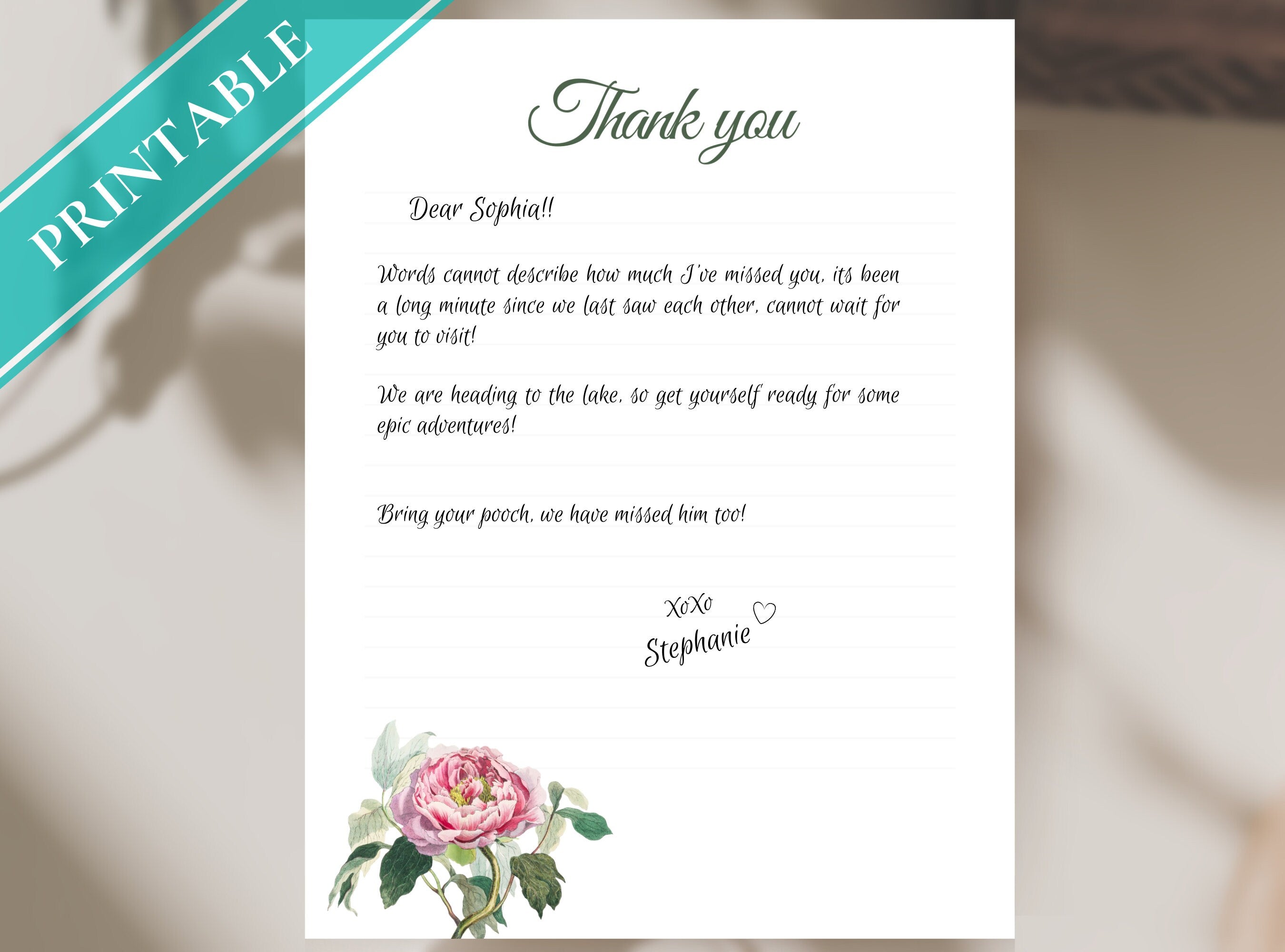 Vintage Rose Thank You Writing Paper - Printable Stationery Journal Paper, Letter, Note, Lined Paper | Florals | Thank You Note