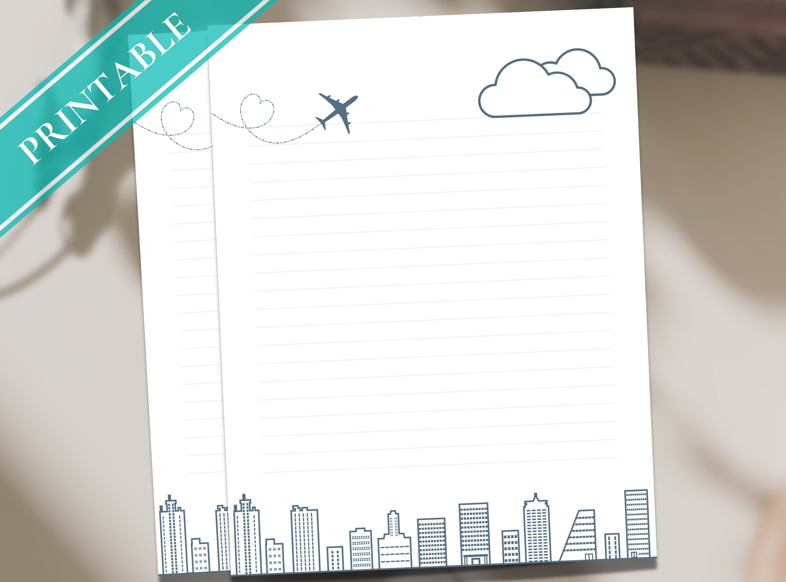 City Skyline Modern Letter Writing Paper - Printable Stationery Paper - Journal Paper, Letter, Note, Lined Paper | Cityscape