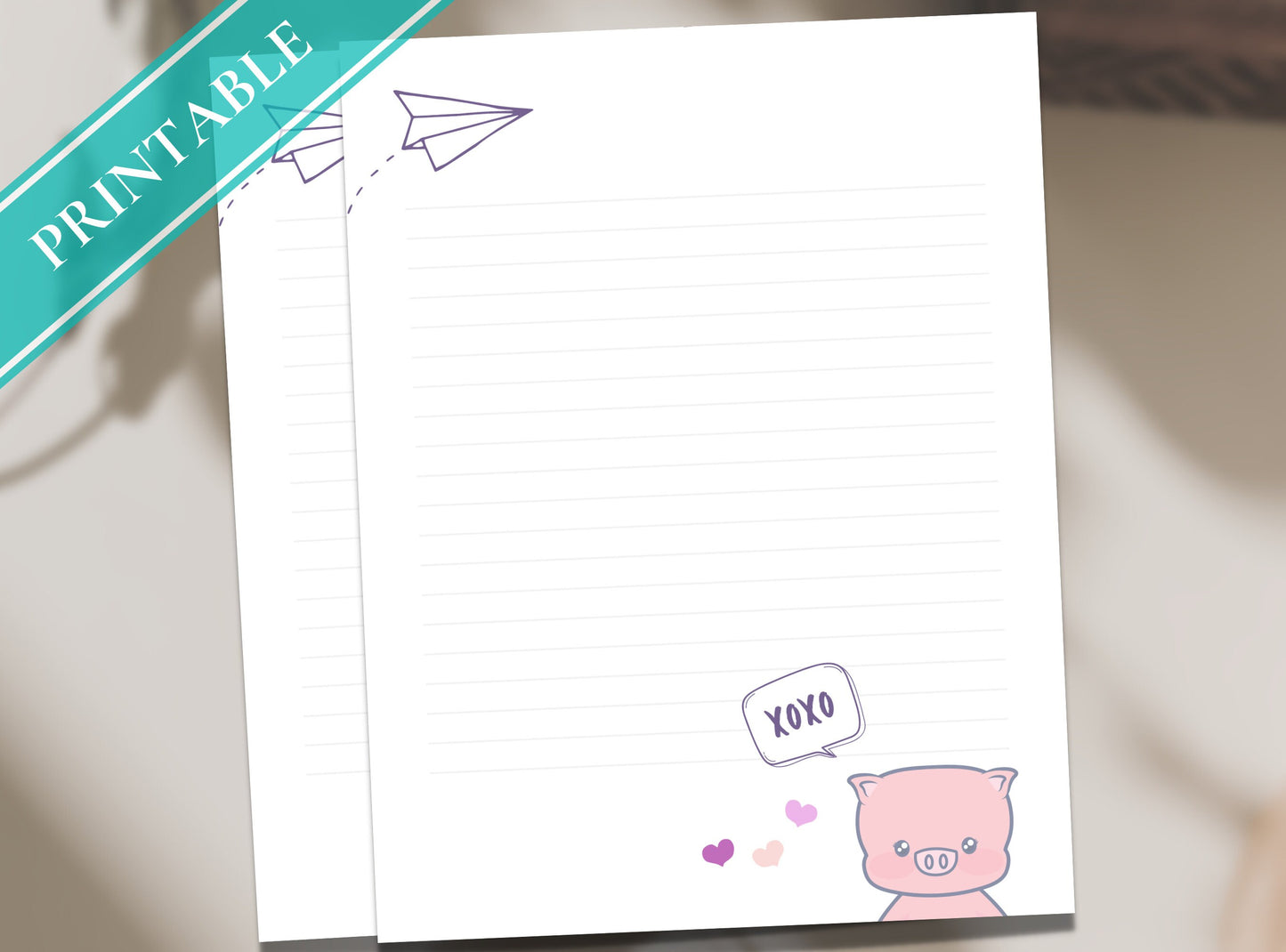 Cute XOXO Piggy Letter Writing Paper - Printable Stationery - Digital Journal, Letter, Note, Lined Paper, Good Notes | Piggy | Love XOXO