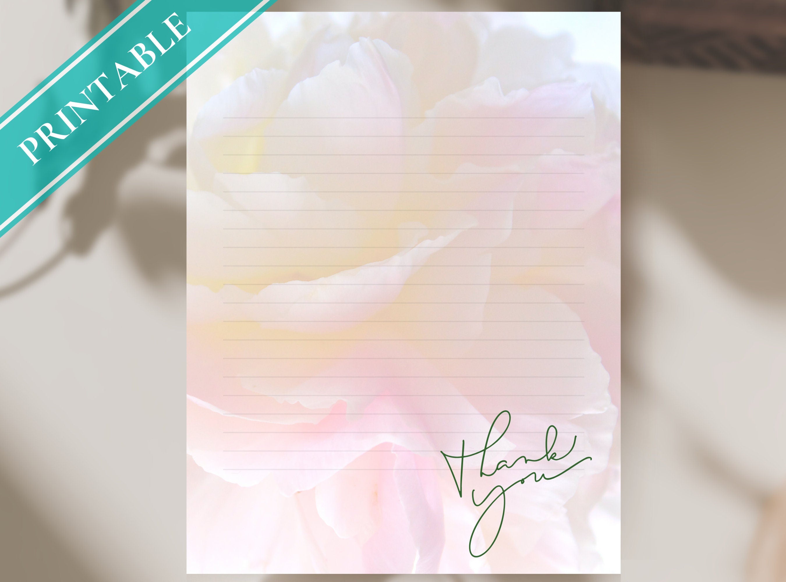 Thank You Printable Stationery Paper - Pink Journal Paper, Digital Letter, Thanks Note, Lined Paper, Appreciation, Hello  | Florals