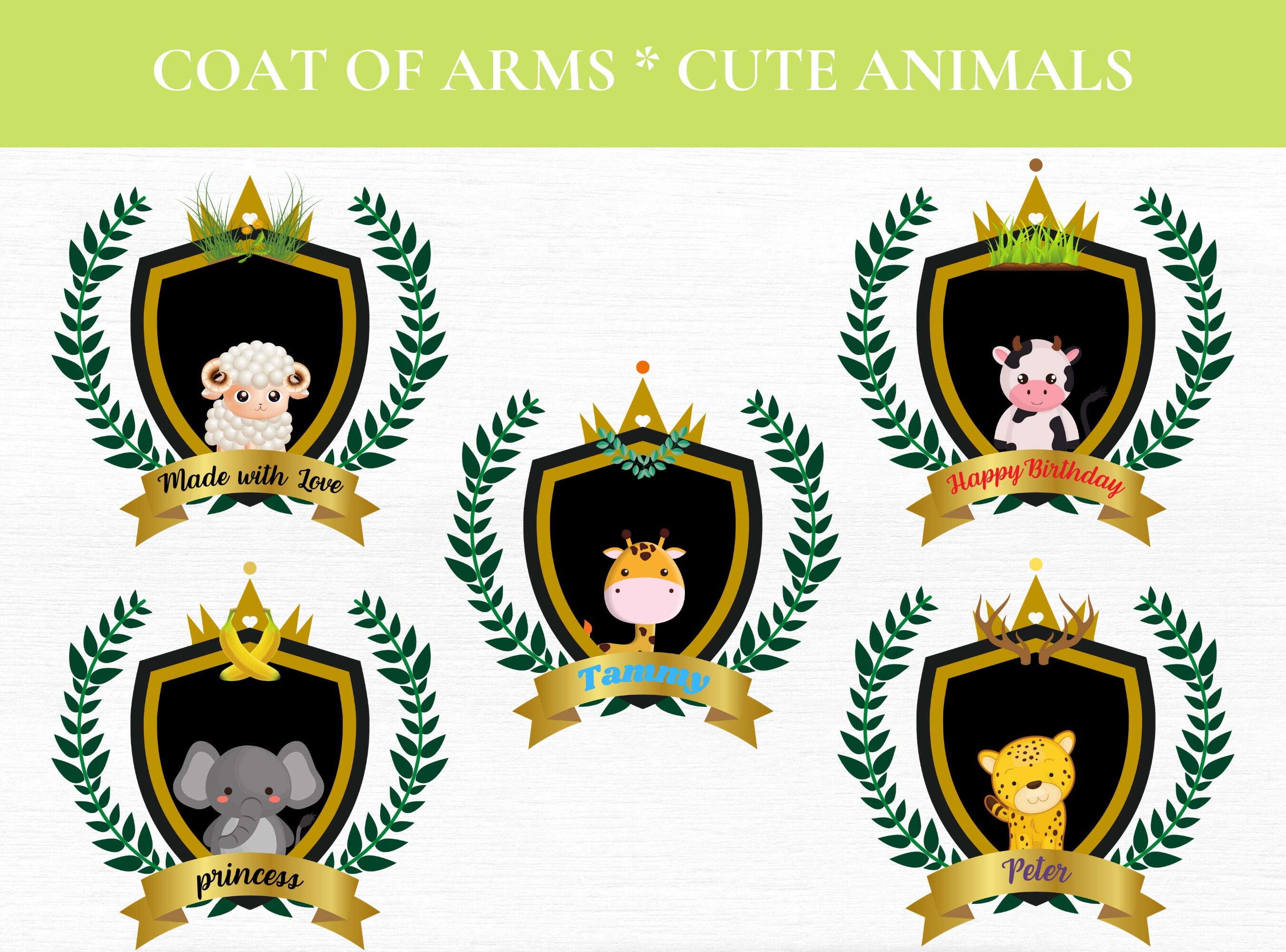 CUTE ANIMALS CLIPART Crest, Seal, Emblem, Logos, Labels, Stickers, Name Tags, PNGs | Cute Animals | Bunny | Elephant | Lion