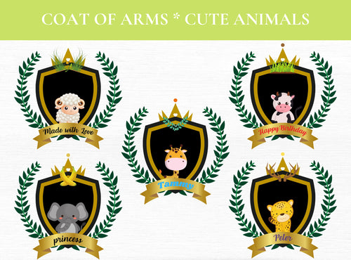 CUTE ANIMALS CLIPART Crest, Seal, Emblem, Logos, Labels, Stickers, Name Tags, PNGs | Cute Animals | Bunny | Elephant | Lion
