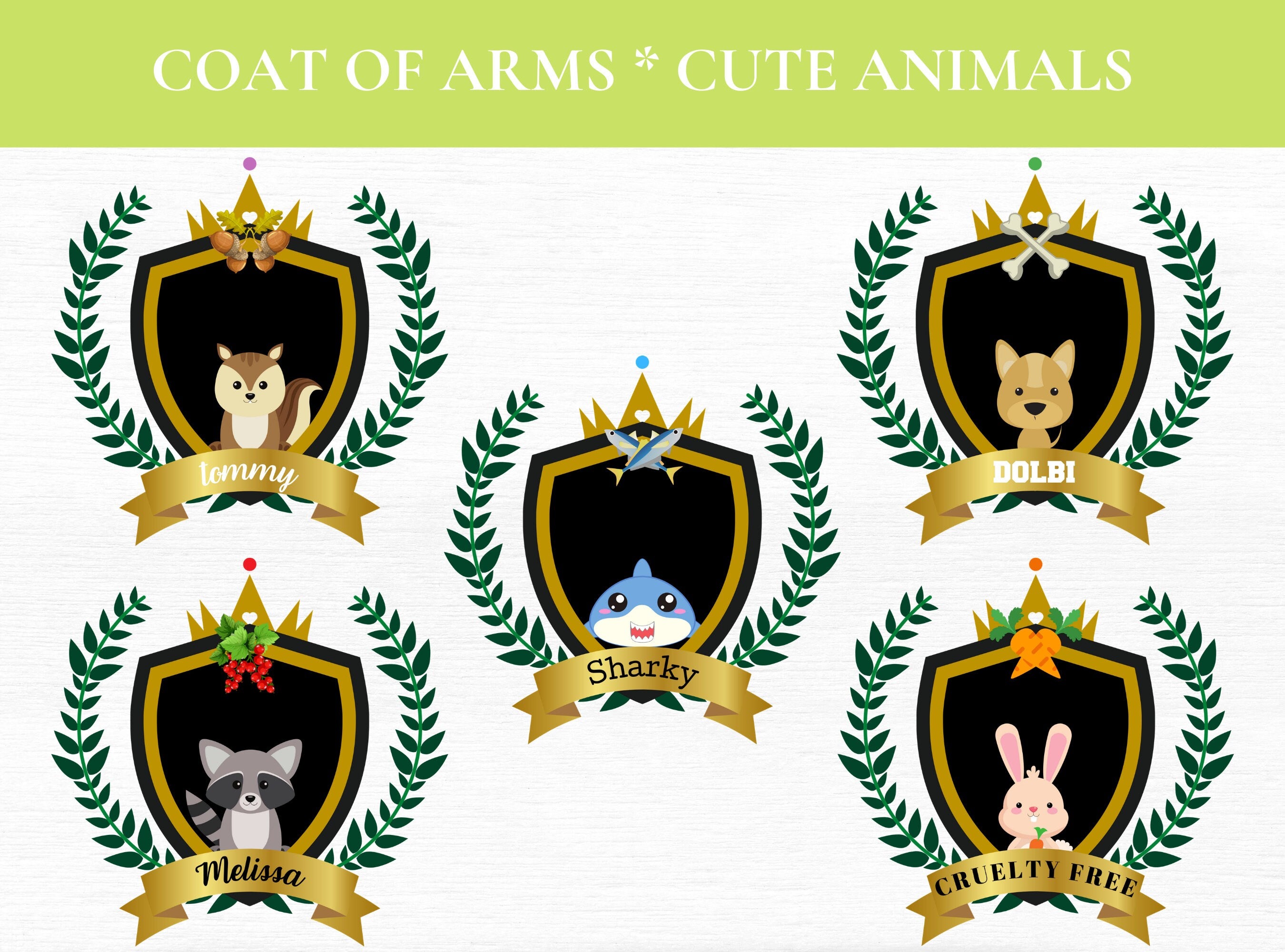 CUTE ANIMALS CLIPART Crest, Seal, Emblem, Logos, Labels, Stickers, Name Tags, PNGs | Cute Animals | Bunny | Elephant | Lion