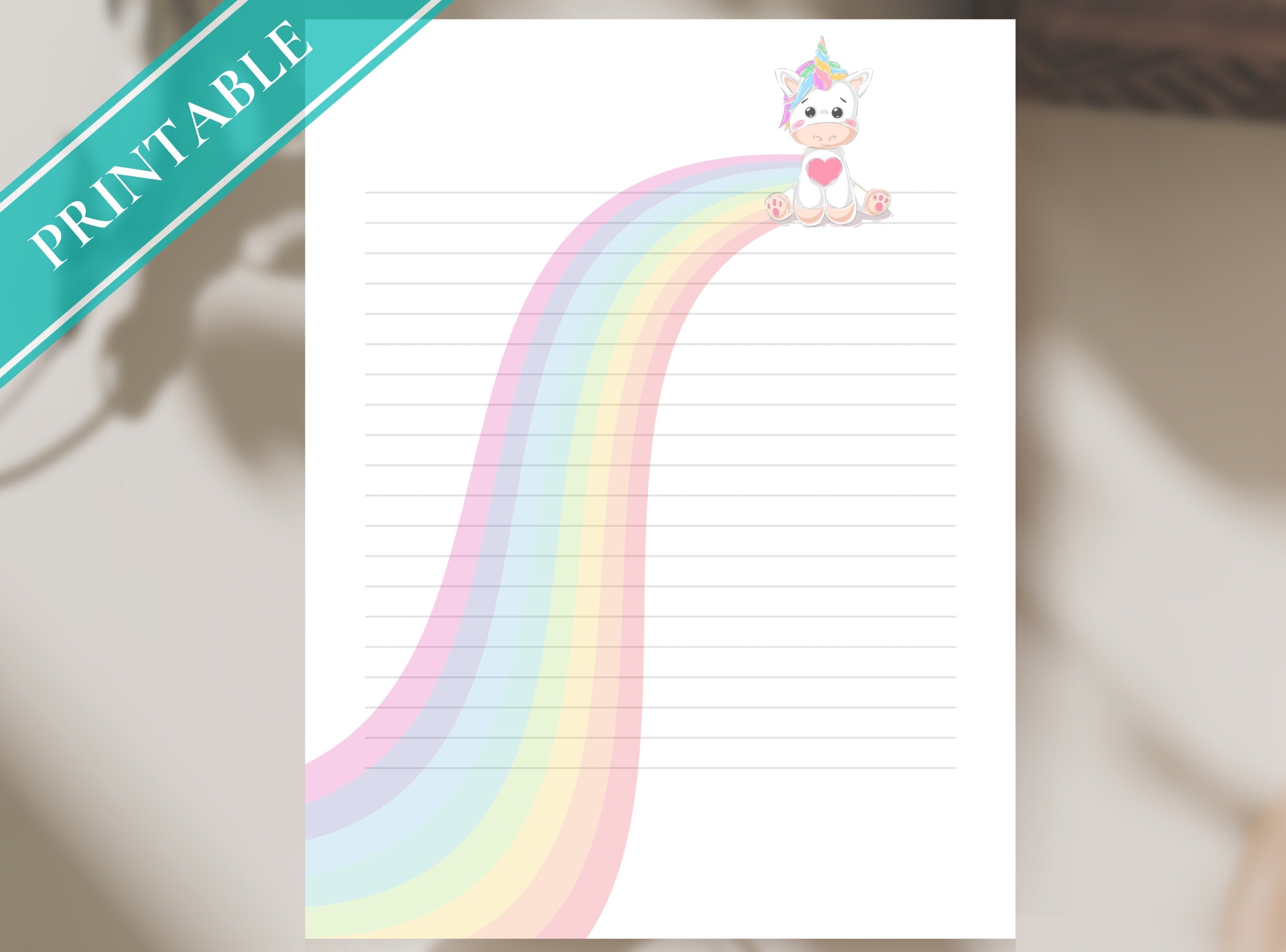 Unicorn Rainbow Letter Writing Paper - Printable Stationery, Cute Colorful, Digital Journal Paper, Love Note | Rainbow & Unicorn