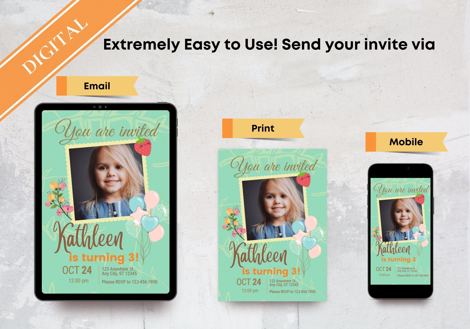 Kids Birthday Party Invitation Template - Toddler, Girls, Kids Digital Invite, Photo Invite, Evite - Balloons