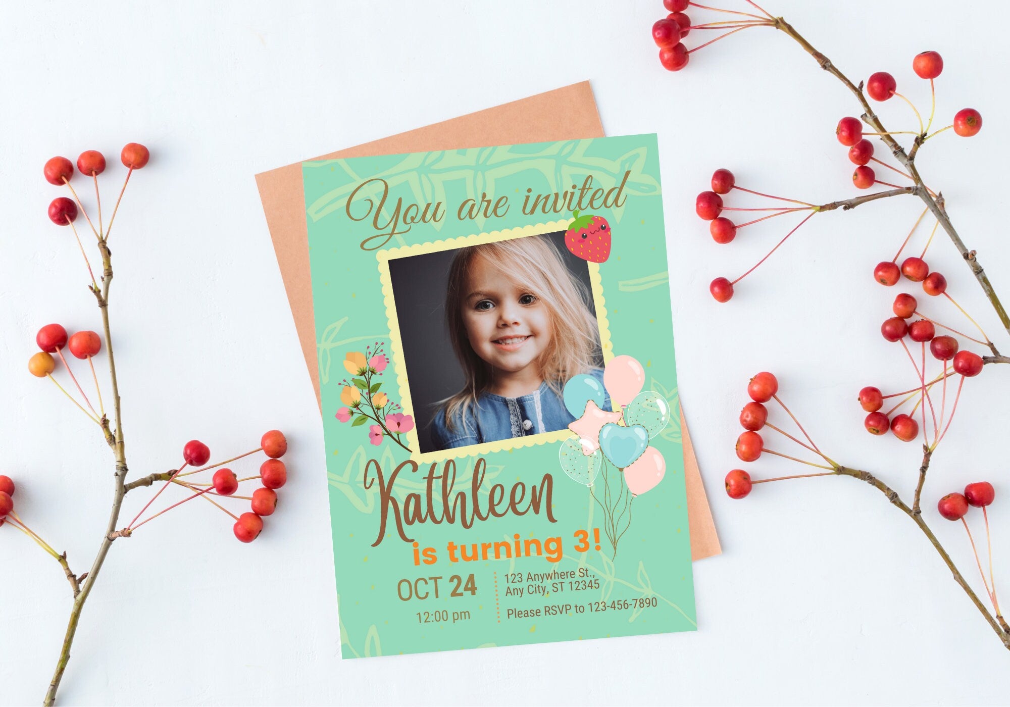 Kids Birthday Party Invitation Template - Toddler, Girls, Kids Digital Invite, Photo Invite, Evite - Balloons
