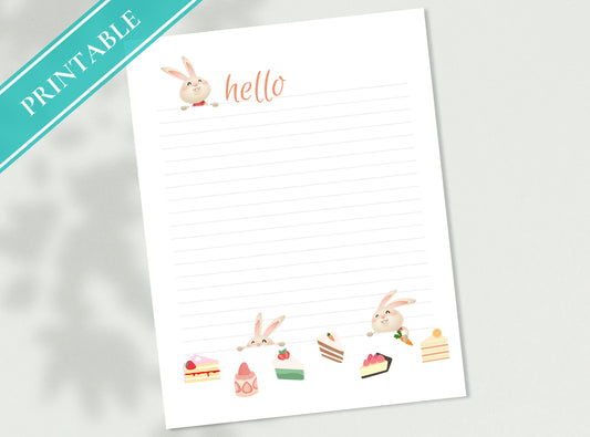 Sweet Bunny Printable Stationery Paper - Journal Paper, Letter, Note, Lined Paper, GoodNotes | Bunnies and Sweets