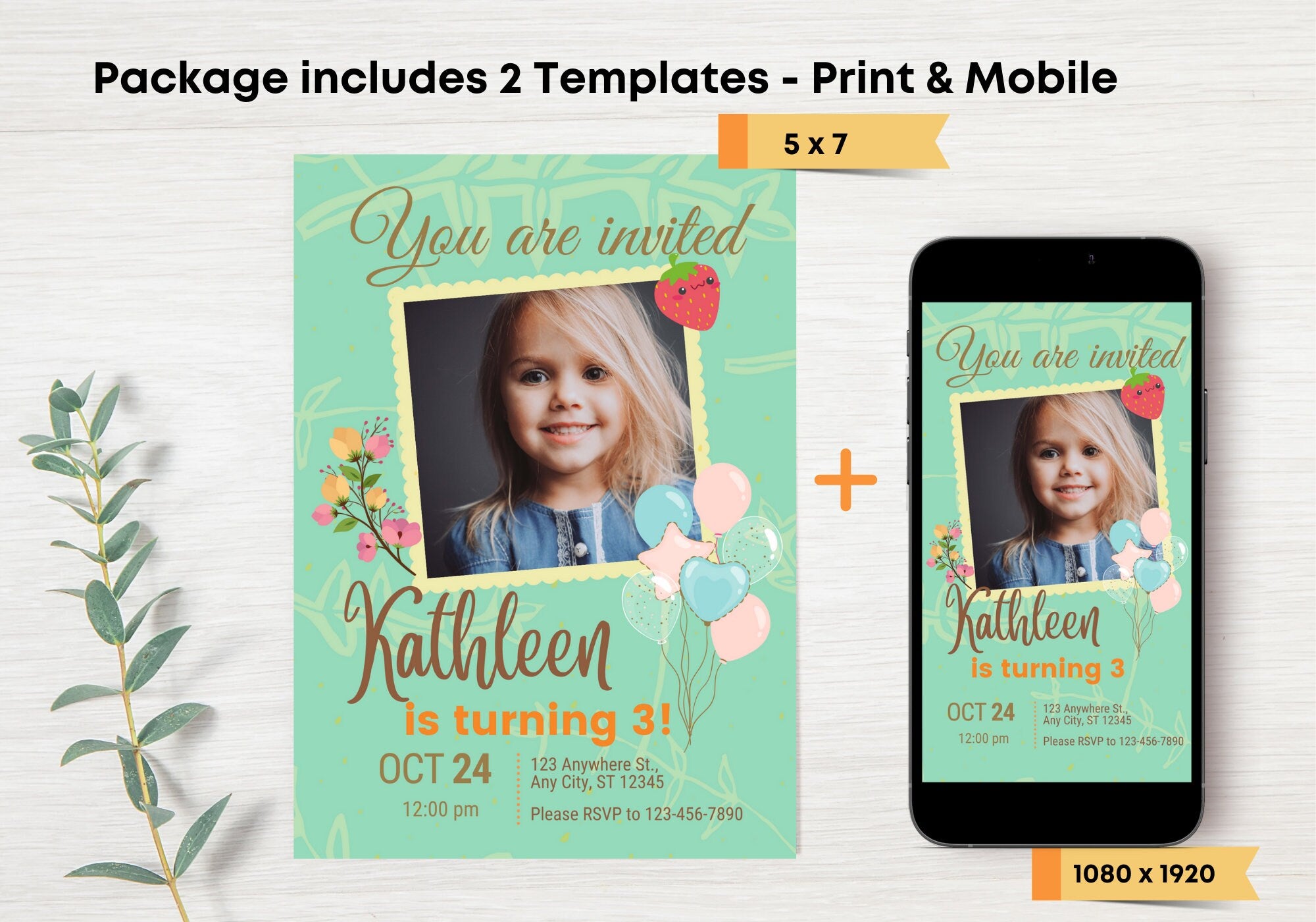 Kids Birthday Party Invitation Template - Toddler, Girls, Kids Digital Invite, Photo Invite, Evite - Balloons