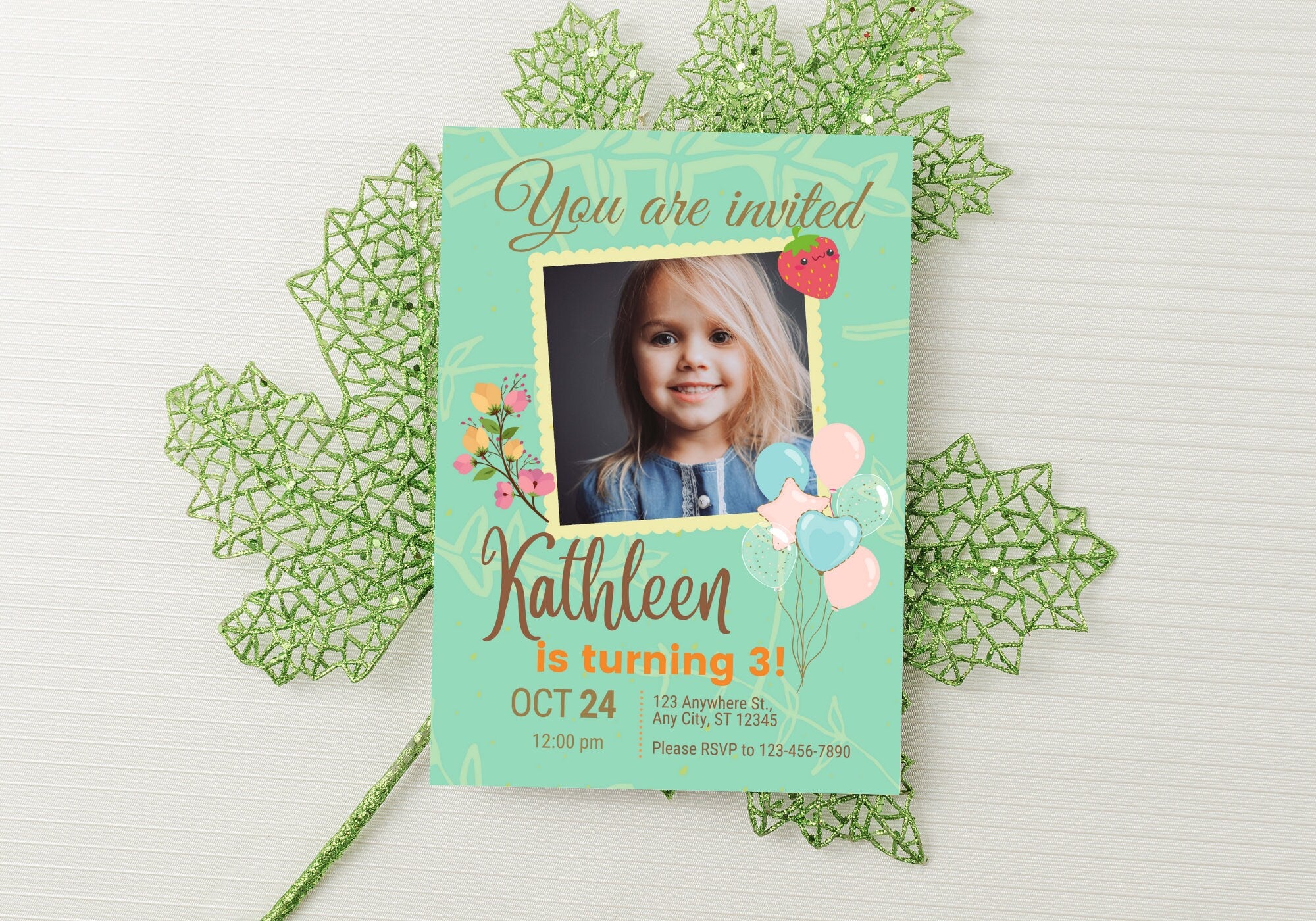 Kids Birthday Party Invitation Template - Toddler, Girls, Kids Digital Invite, Photo Invite, Evite - Balloons