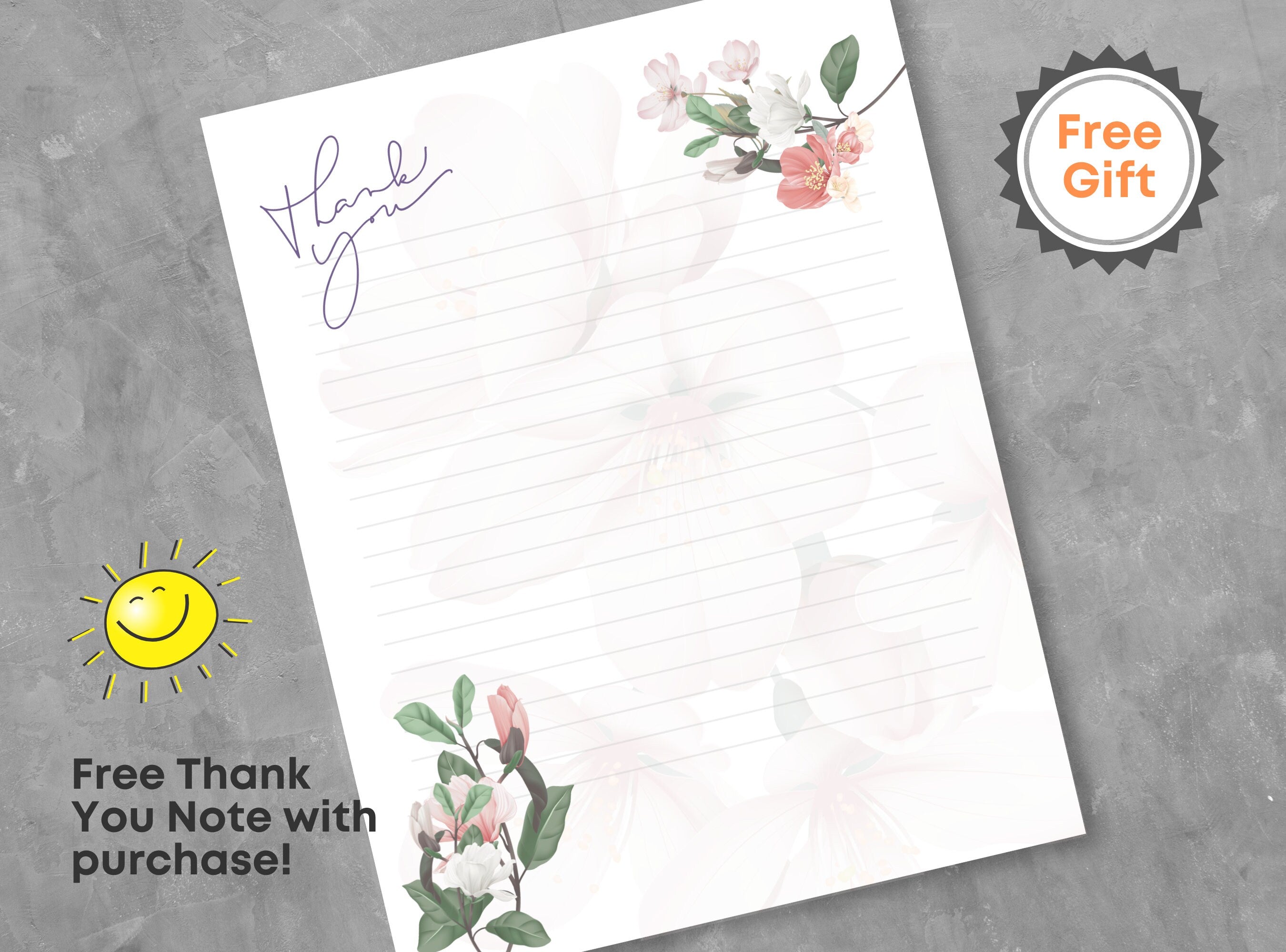 Vintage Rose Thank You Writing Paper - Printable Stationery Journal Paper, Letter, Note, Lined Paper | Florals | Thank You Note