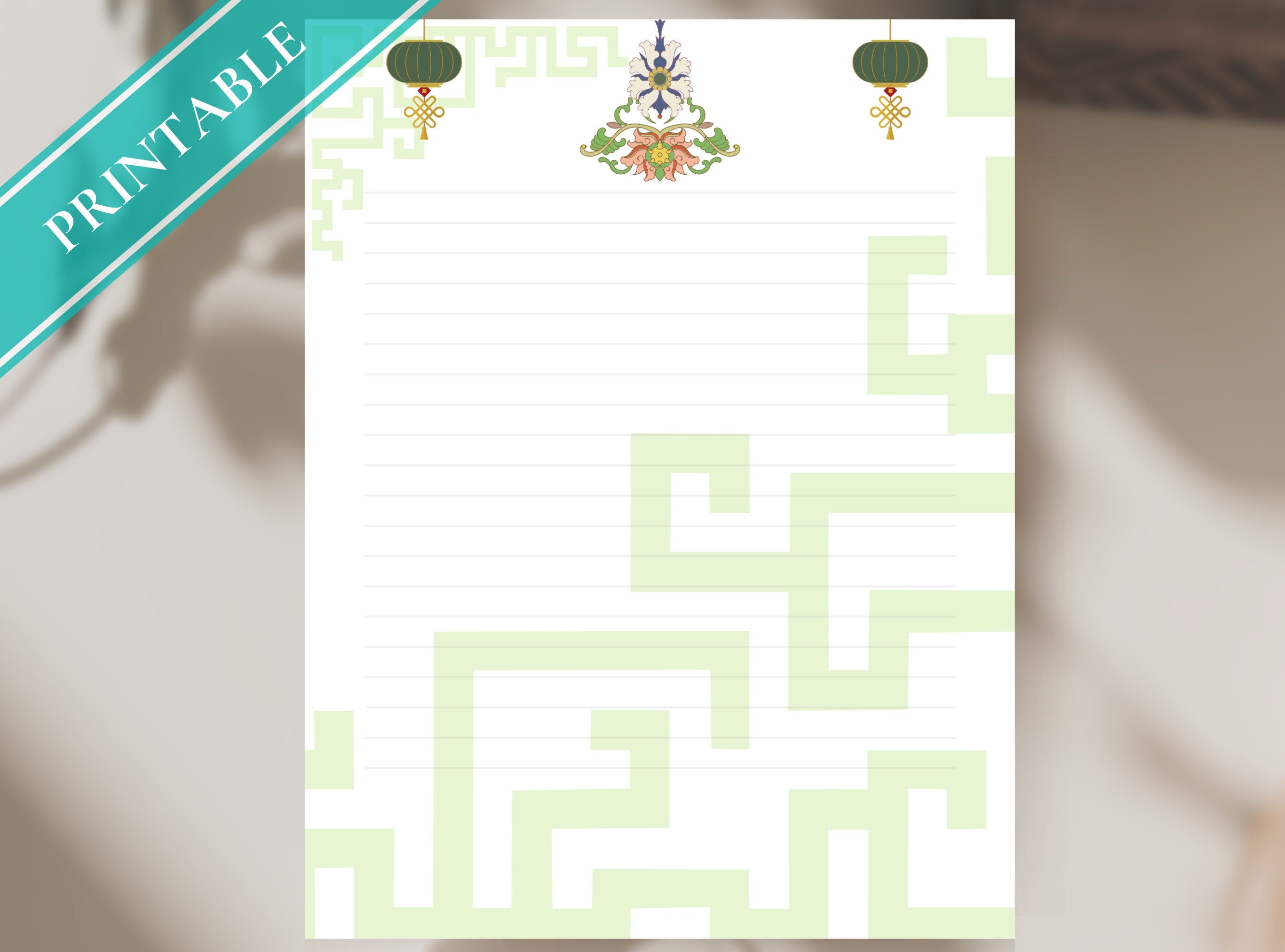 Asian Lantern Letter Writing Paper - Elegant Printable Stationery Paper - Journal Paper, Letter, Lined Paper, Note | Asian