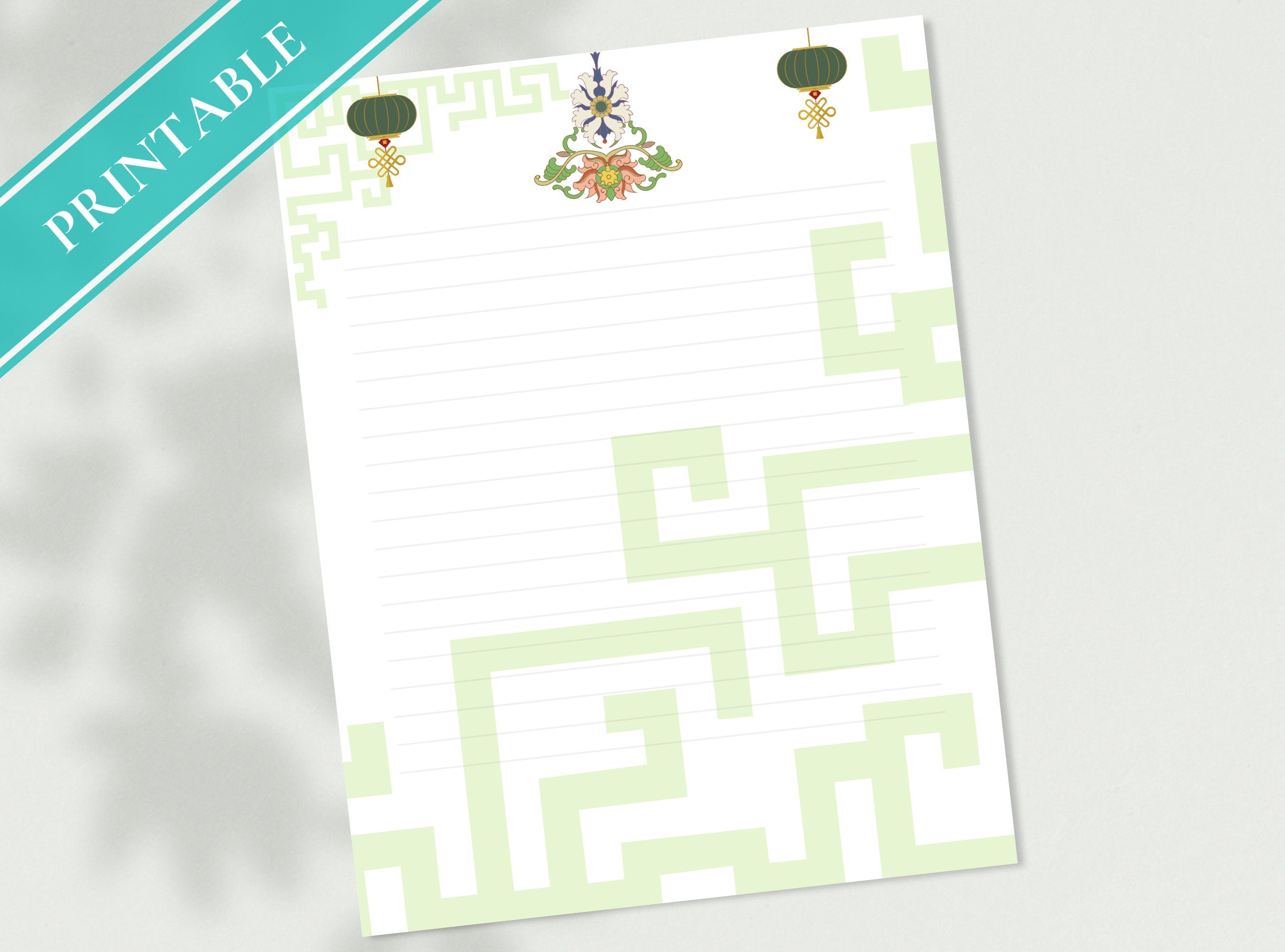 Asian Lantern Letter Writing Paper - Elegant Printable Stationery Paper - Journal Paper, Letter, Lined Paper, Note | Asian