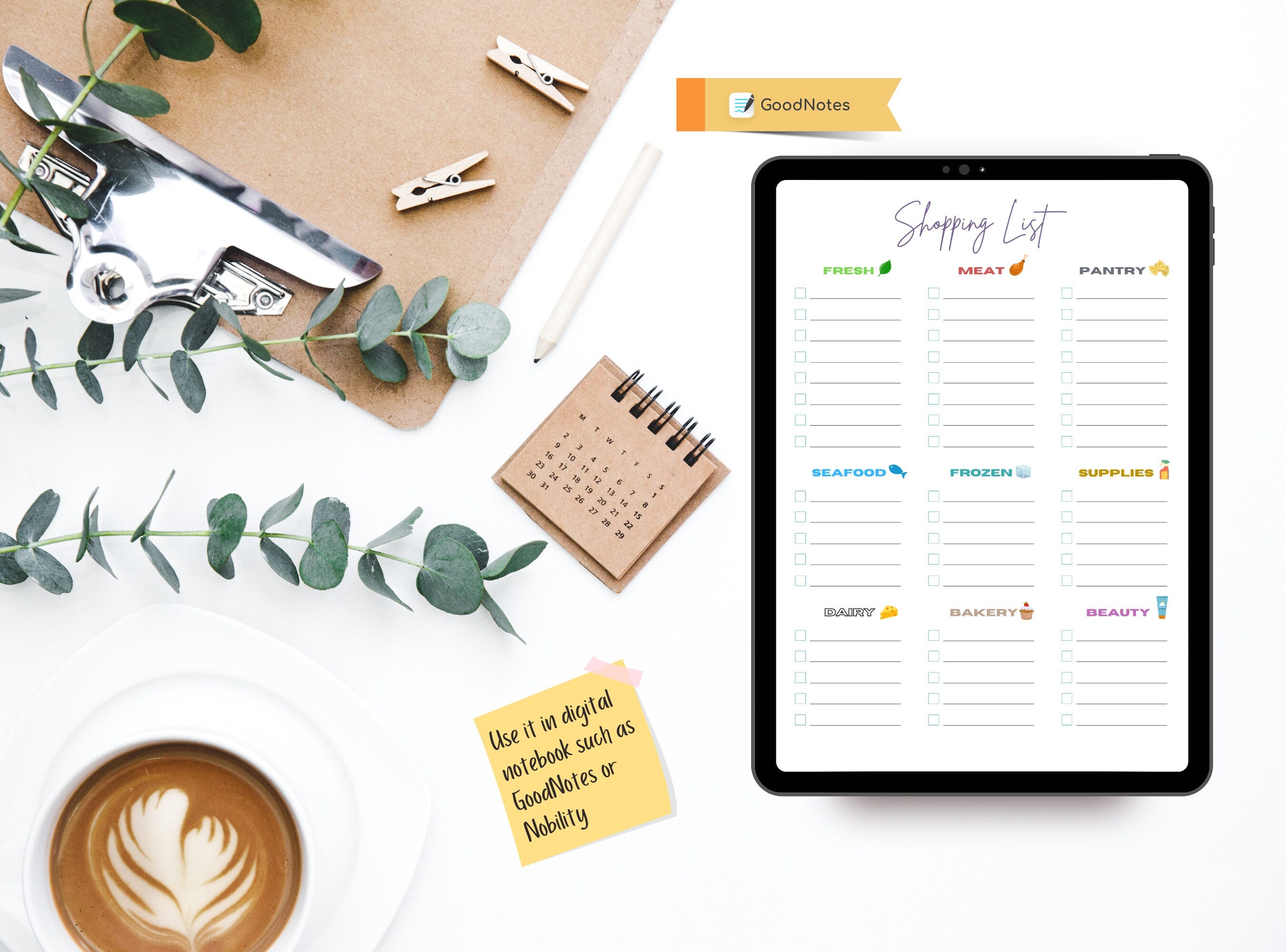 Shopping Grocery List - Printable Groceries List, Simple Shopping List, Note, Section Checklist, Category List. GoodNotes, Free Gift