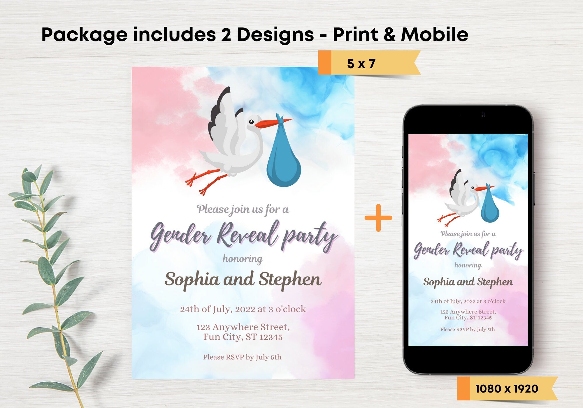 GENDER REVEAL Party Invitation - Baby Shower Party Invite, Blue and Pink, Baby Sex Reveal Party | Flying Stork/Crane