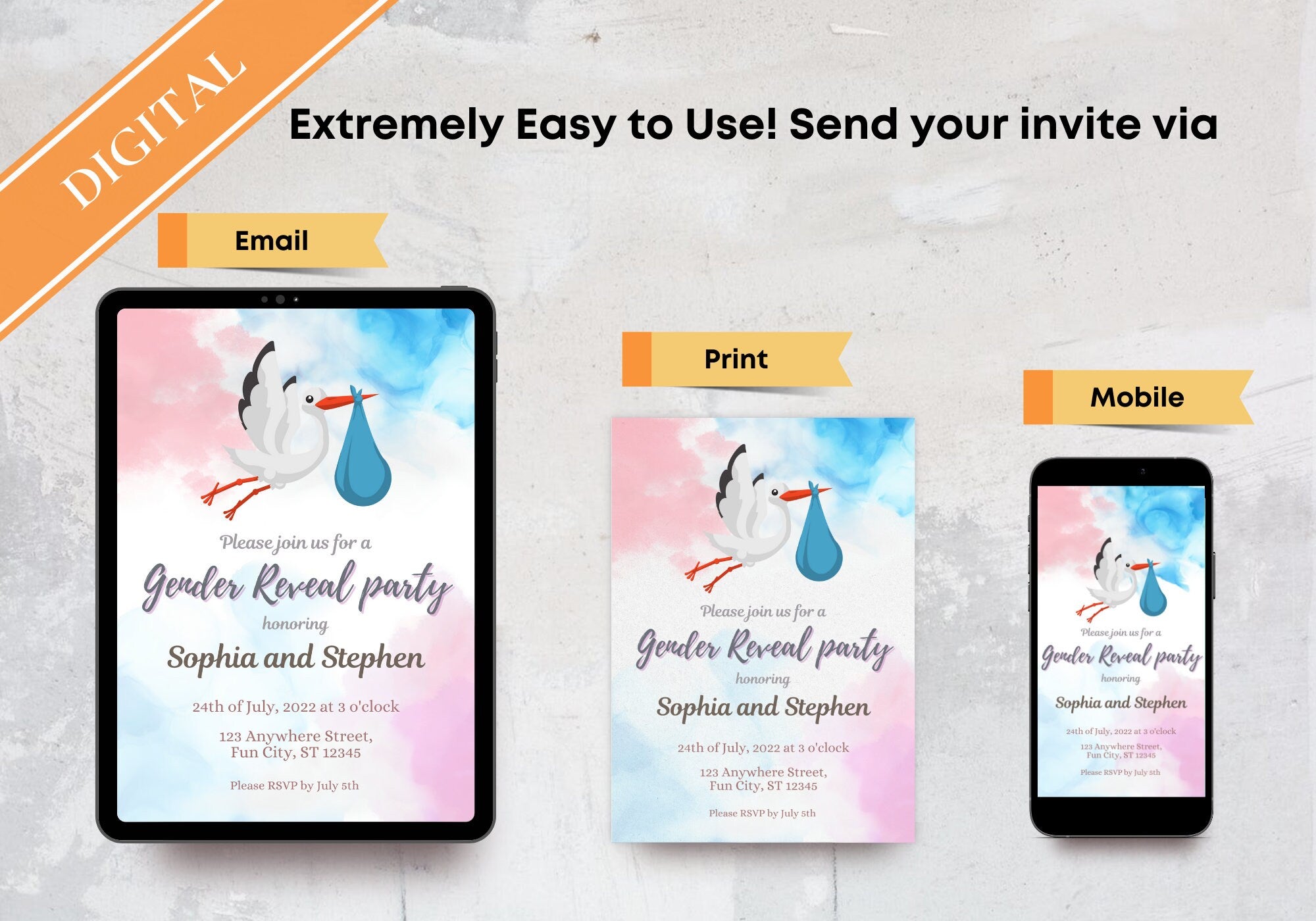 GENDER REVEAL Party Invitation - Baby Shower Party Invite, Blue and Pink, Baby Sex Reveal Party | Flying Stork/Crane