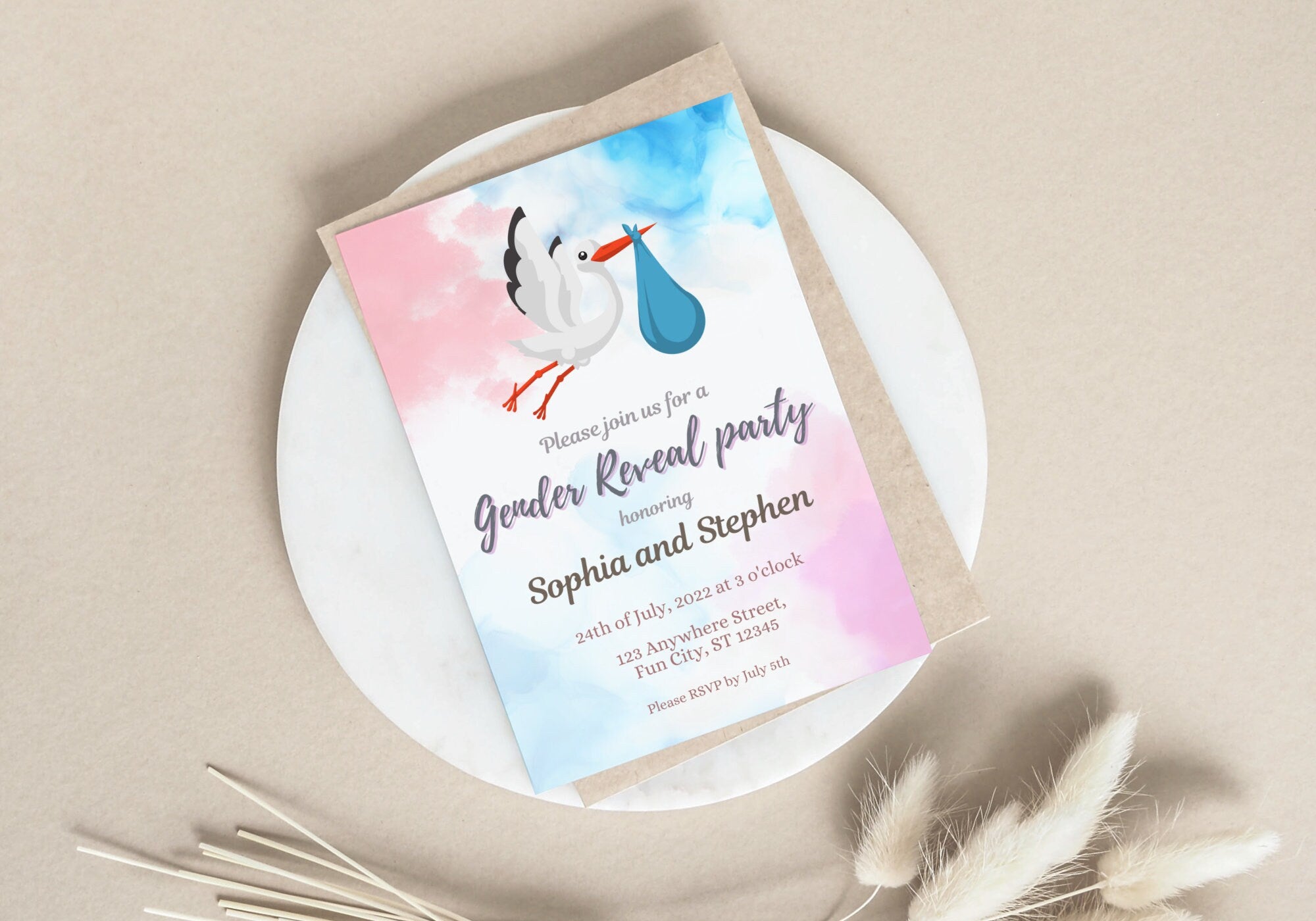 GENDER REVEAL Party Invitation - Baby Shower Party Invite, Blue and Pink, Baby Sex Reveal Party | Flying Stork/Crane