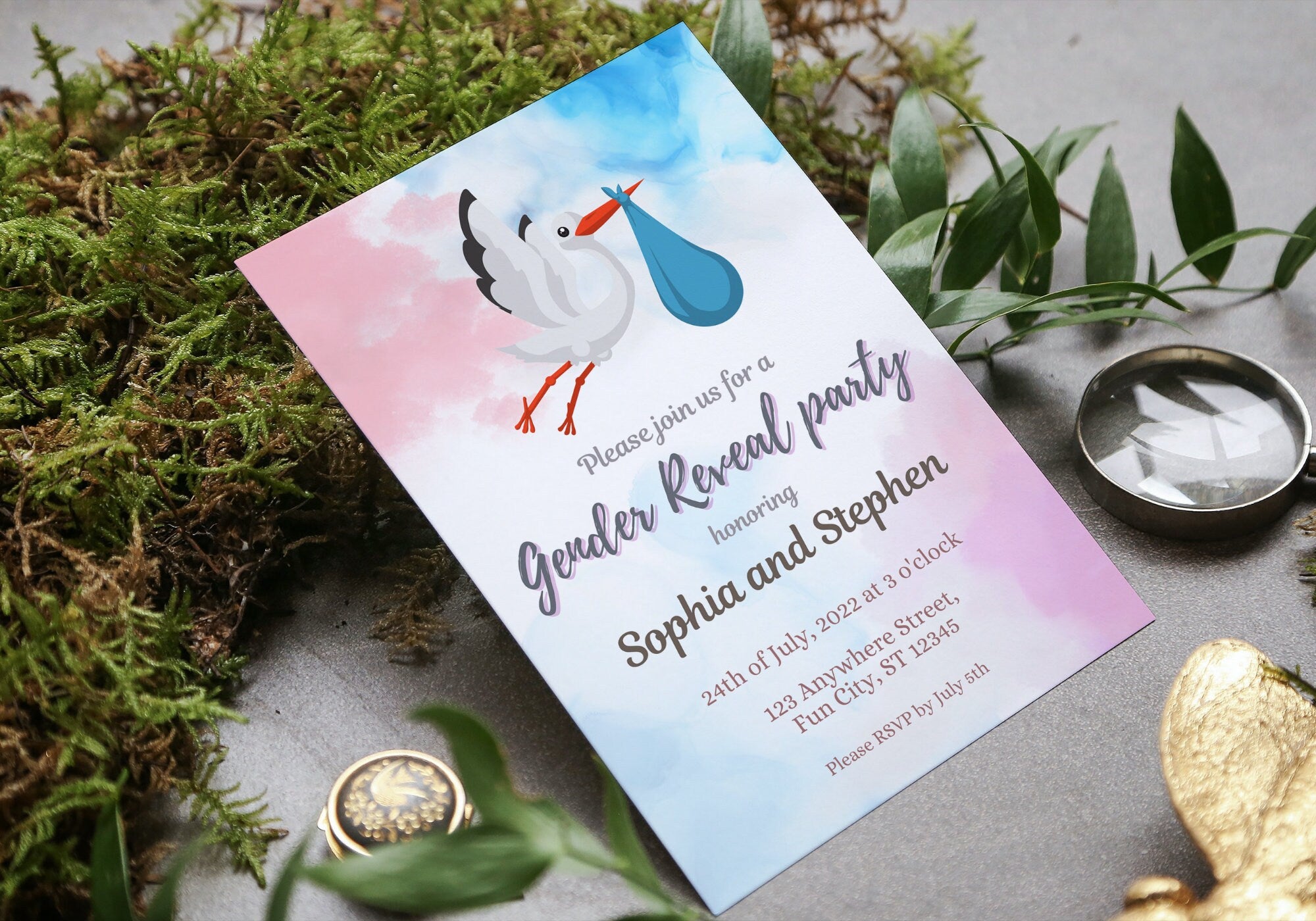 GENDER REVEAL Party Invitation - Baby Shower Party Invite, Blue and Pink, Baby Sex Reveal Party | Flying Stork/Crane