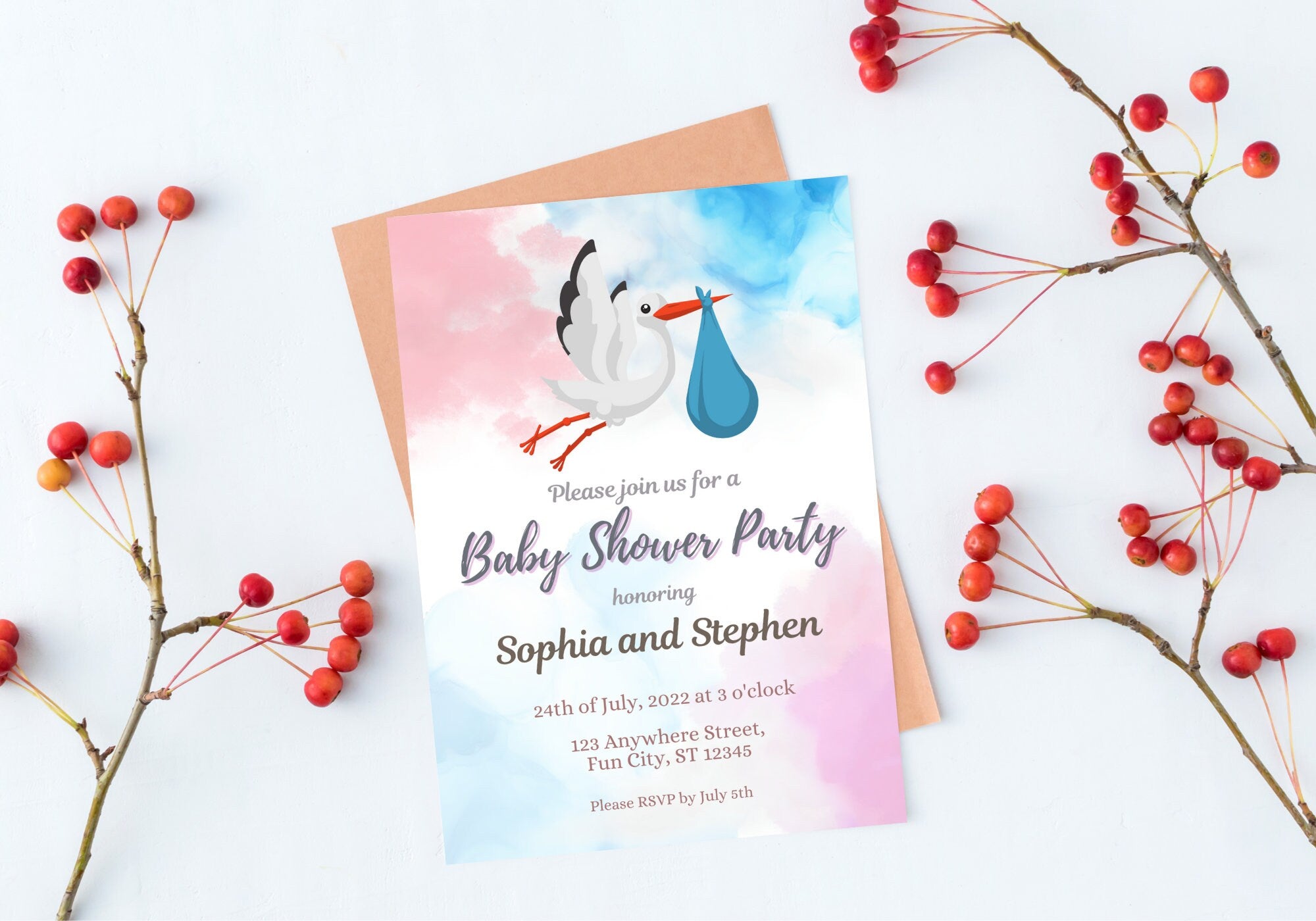 GENDER REVEAL Party Invitation - Baby Shower Party Invite, Blue and Pink, Baby Sex Reveal Party | Flying Stork/Crane