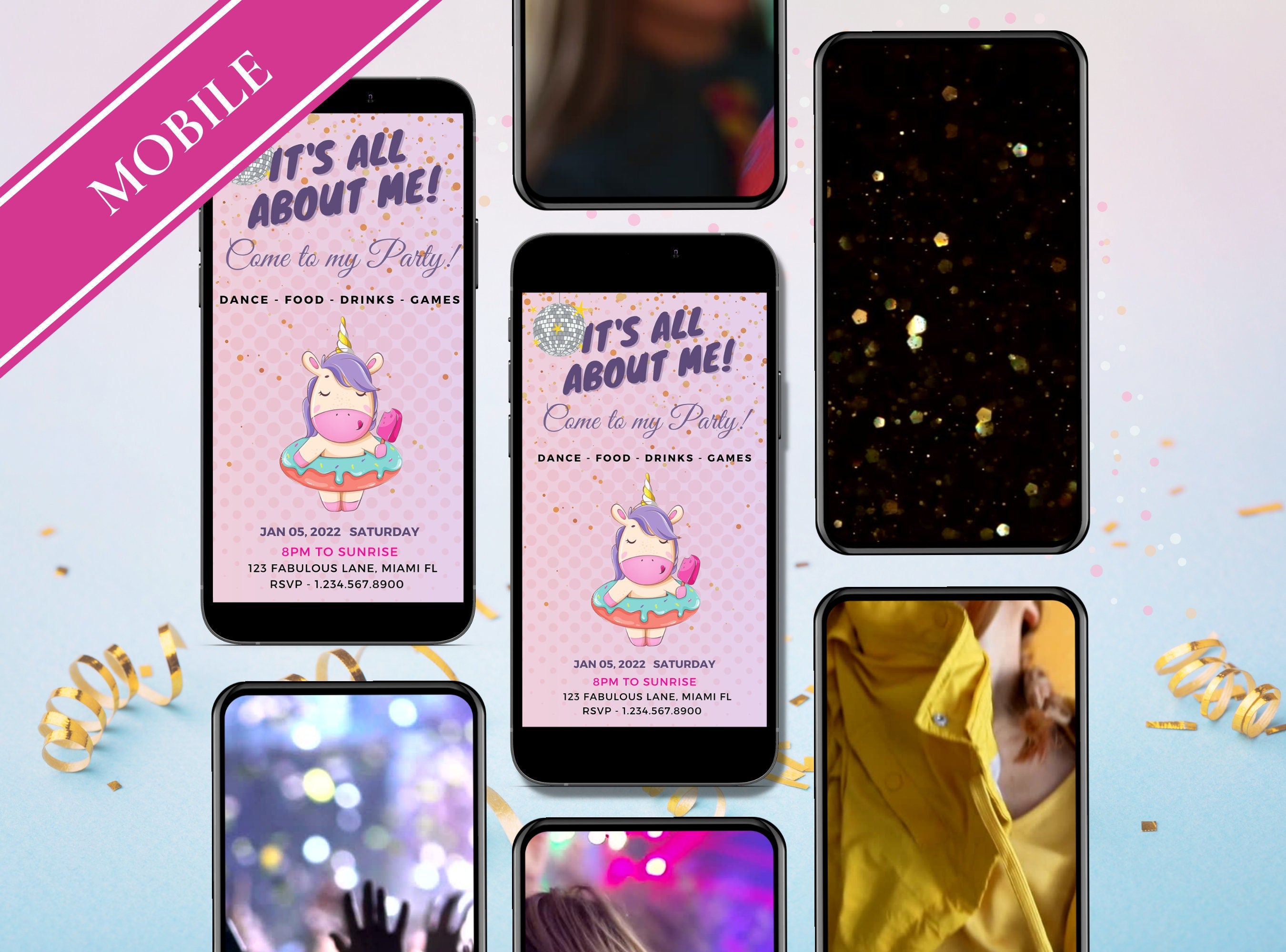 UNICORN Birthday Party Invitation - Celebration Party Mobile Invite Fabulous Birthday Pink, Purple Evite, Phone Invite | It's all about Me