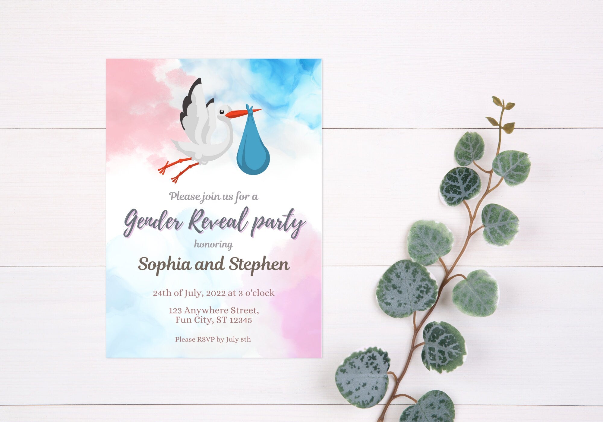 GENDER REVEAL Party Invitation - Baby Shower Party Invite, Blue and Pink, Baby Sex Reveal Party | Flying Stork/Crane