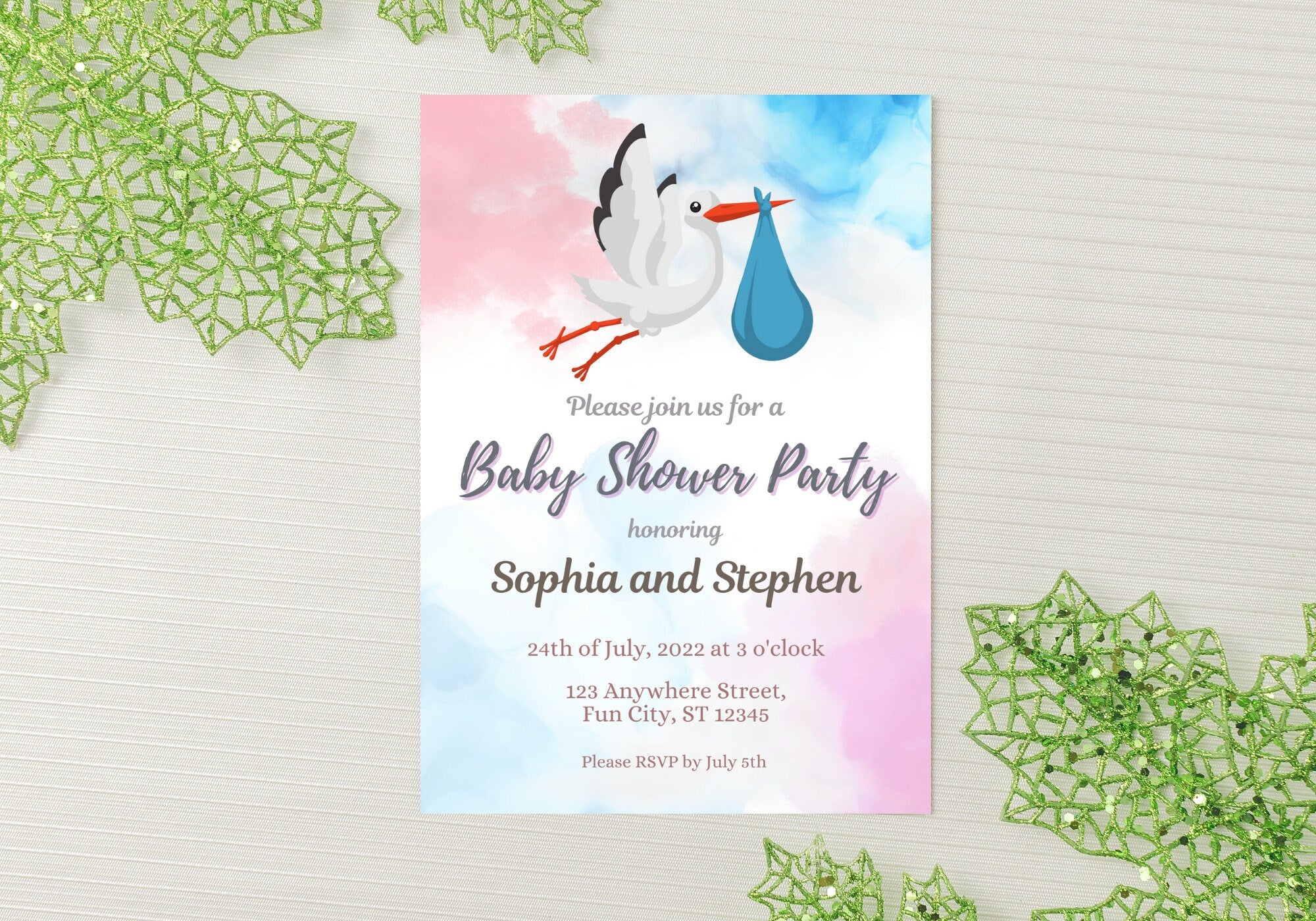 GENDER REVEAL Party Invitation - Baby Shower Party Invite, Blue and Pink, Baby Sex Reveal Party | Flying Stork/Crane