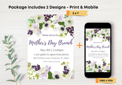 Mother's Day Brunch Invite - Light Purple Florals Invitation, Mother's Day Invite, Easter Brunch Invite