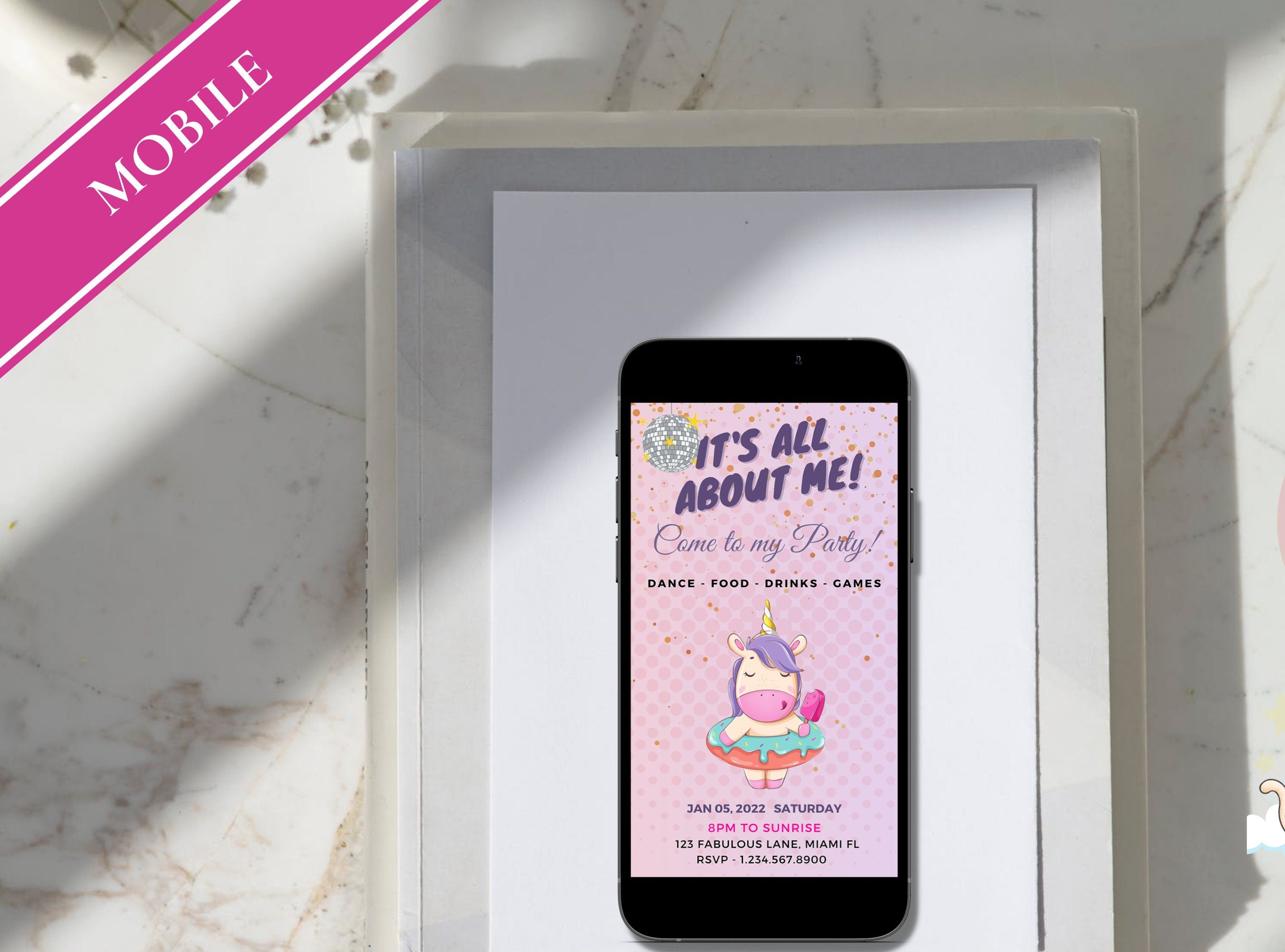 UNICORN Birthday Party Invitation - Celebration Party Mobile Invite Fabulous Birthday Pink, Purple Evite, Phone Invite | It's all about Me