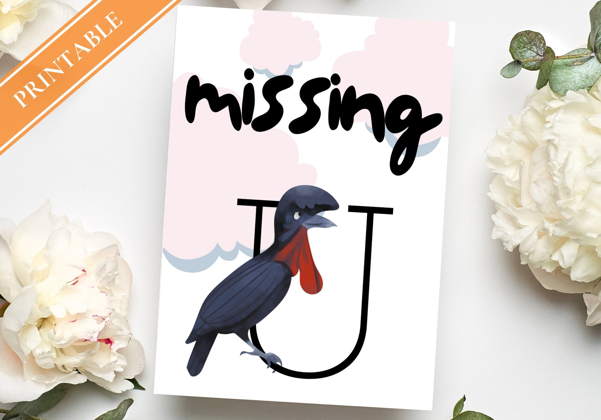 Missing You - Black Bird I Miss you Printable Greeting Card