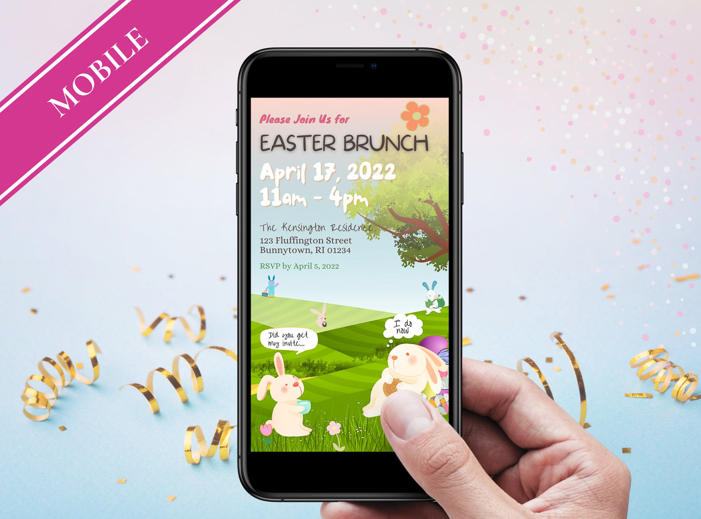 Easter Brunch Invite - Easter Bunny Sunday Cartoon Party Mobile Evite Egg Hunt Party Invitation | Funny Easter Invite