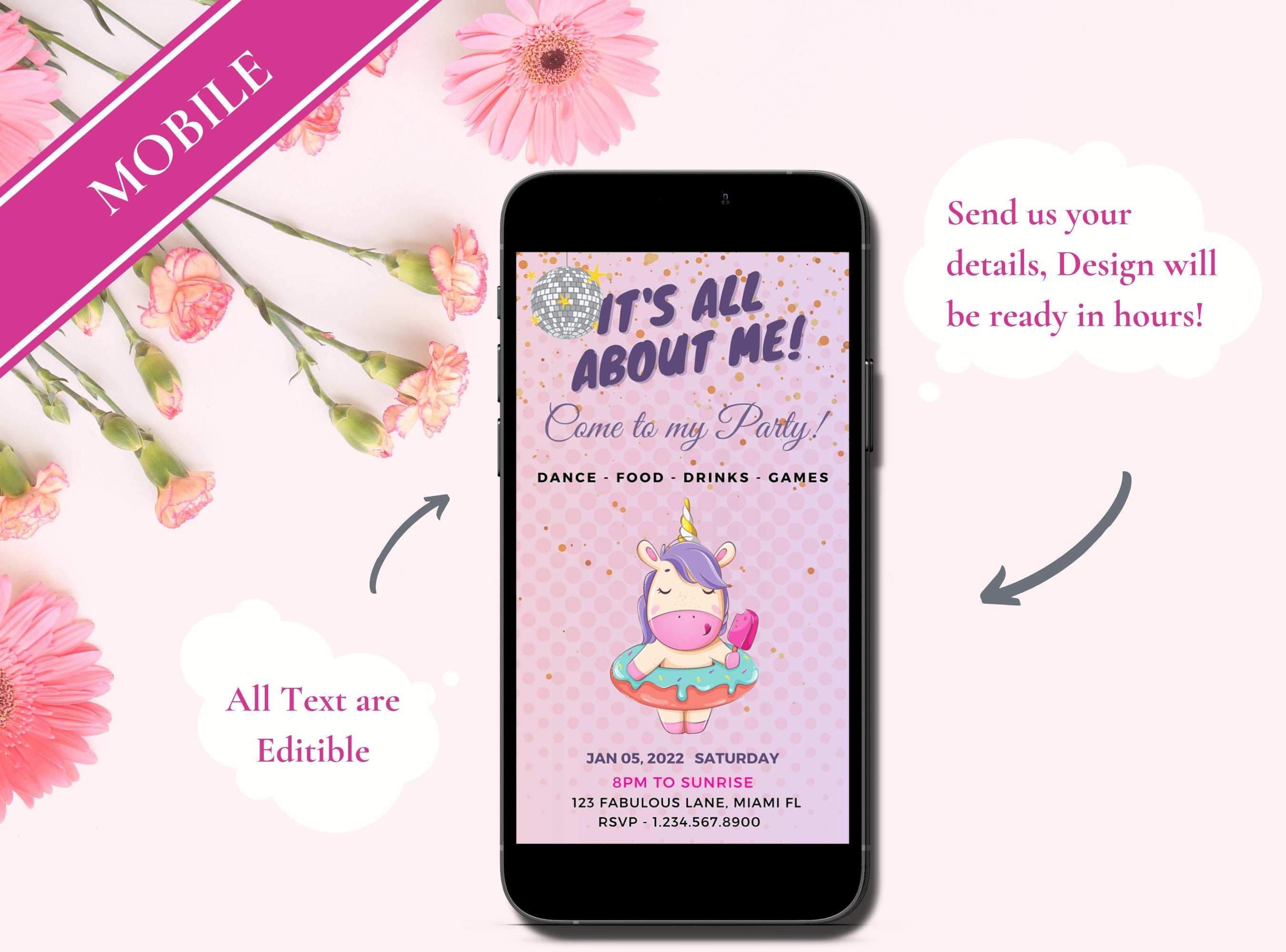 UNICORN Birthday Party Invitation - Celebration Party Mobile Invite Fabulous Birthday Pink, Purple Evite, Phone Invite | It's all about Me