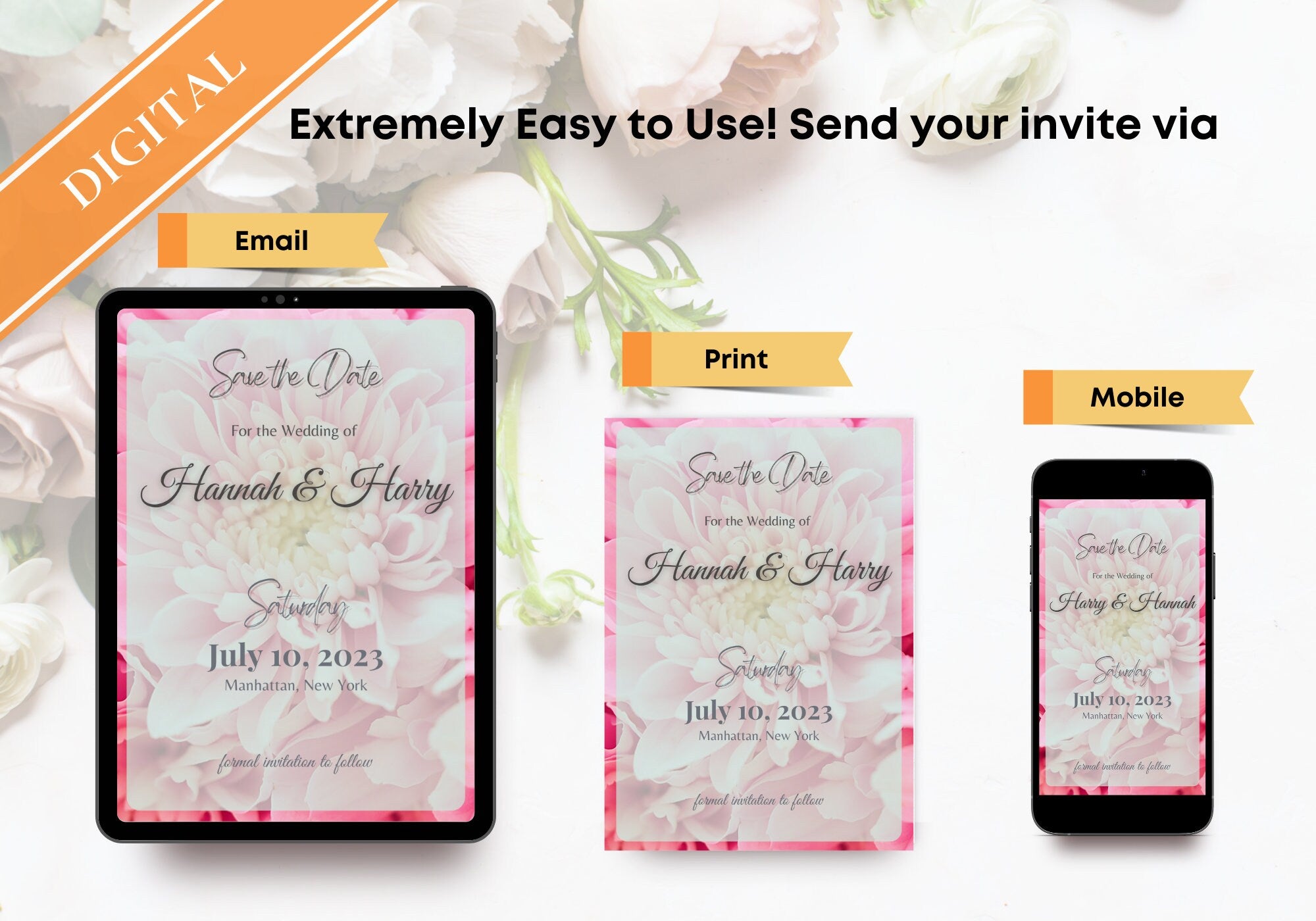 Peony Save the Date Invitation - Pink Peonies Wedding Invite We are getting Married Don't Forget Pink flower