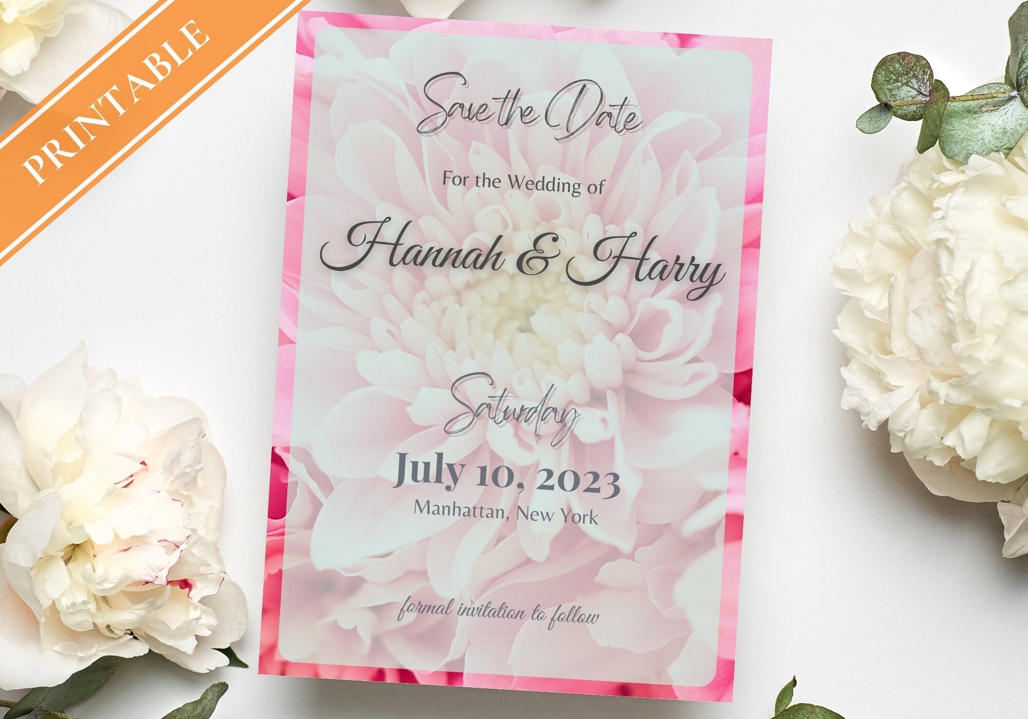 Peony Save the Date Invitation - Pink Peonies Wedding Invite We are getting Married Don't Forget Pink flower